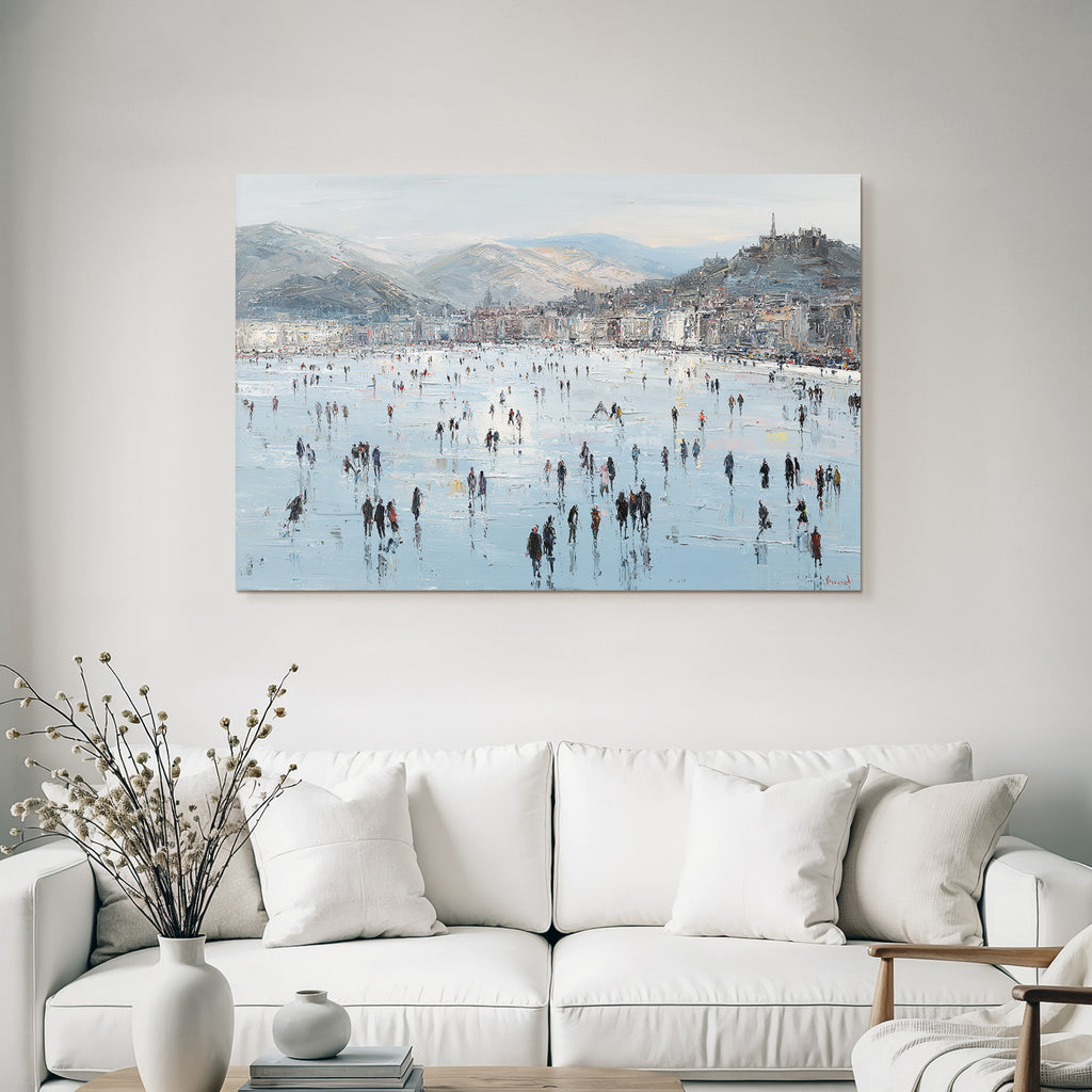 Winterszene Eisfläche Menschen Auf Eis Mountains Cityscape Impressionistisch