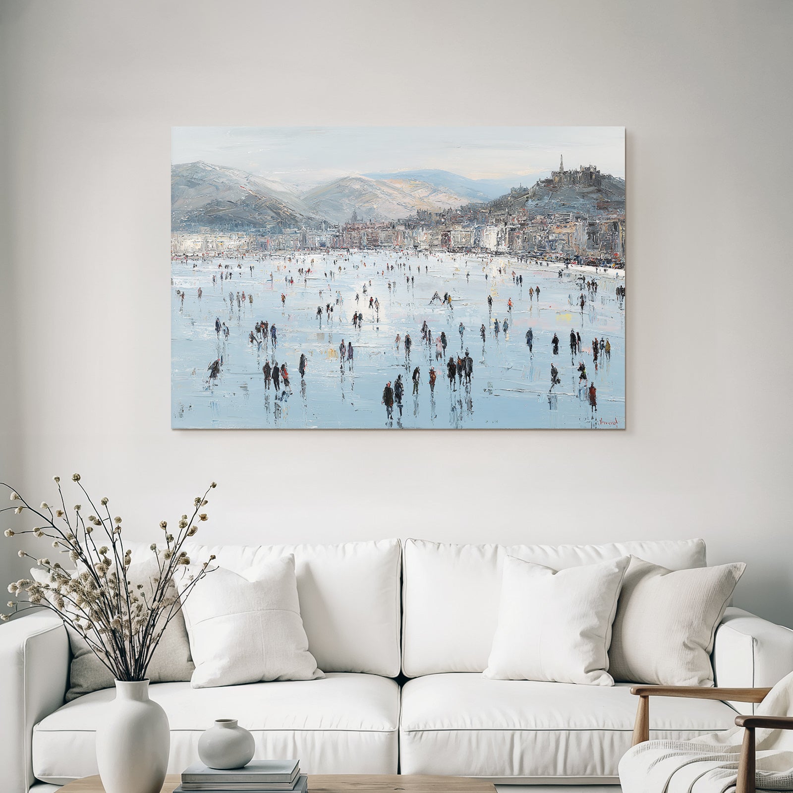 Winterszene Eisfläche Menschen Auf Eis Mountains Cityscape Impressionistisch