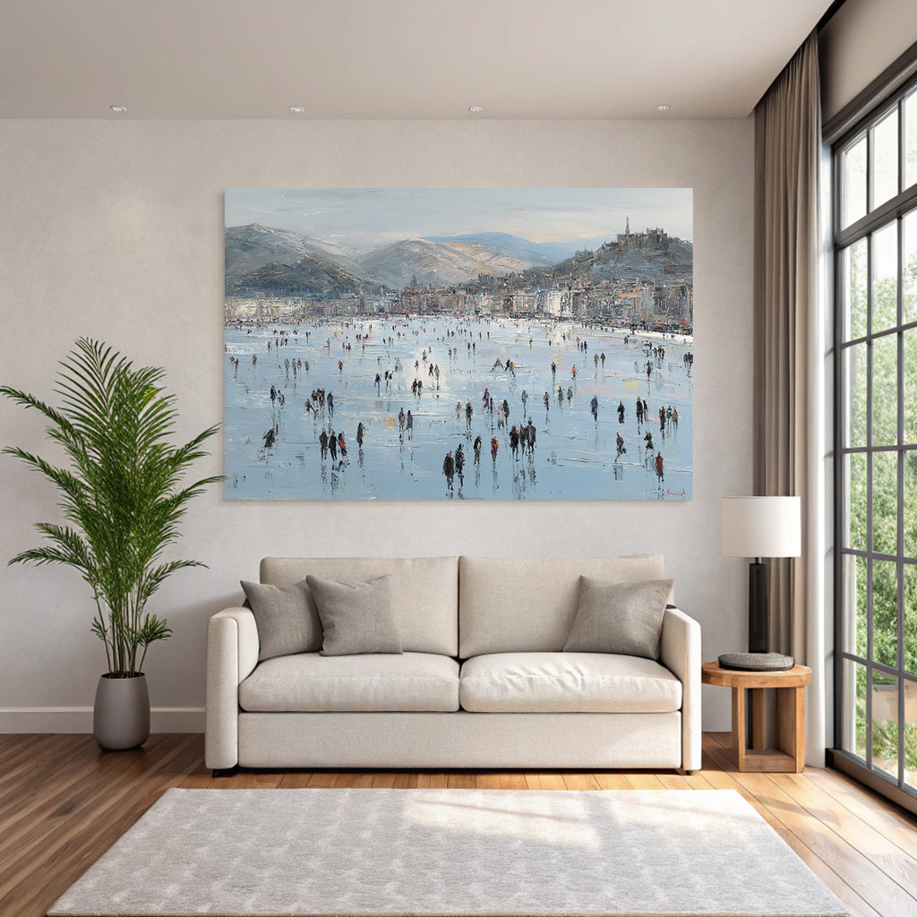 Winterszene Eisfläche Menschen Auf Eis Mountains Cityscape Impressionistisch