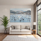 Winterszene Eisfläche Menschen Auf Eis Mountains Cityscape Impressionistisch