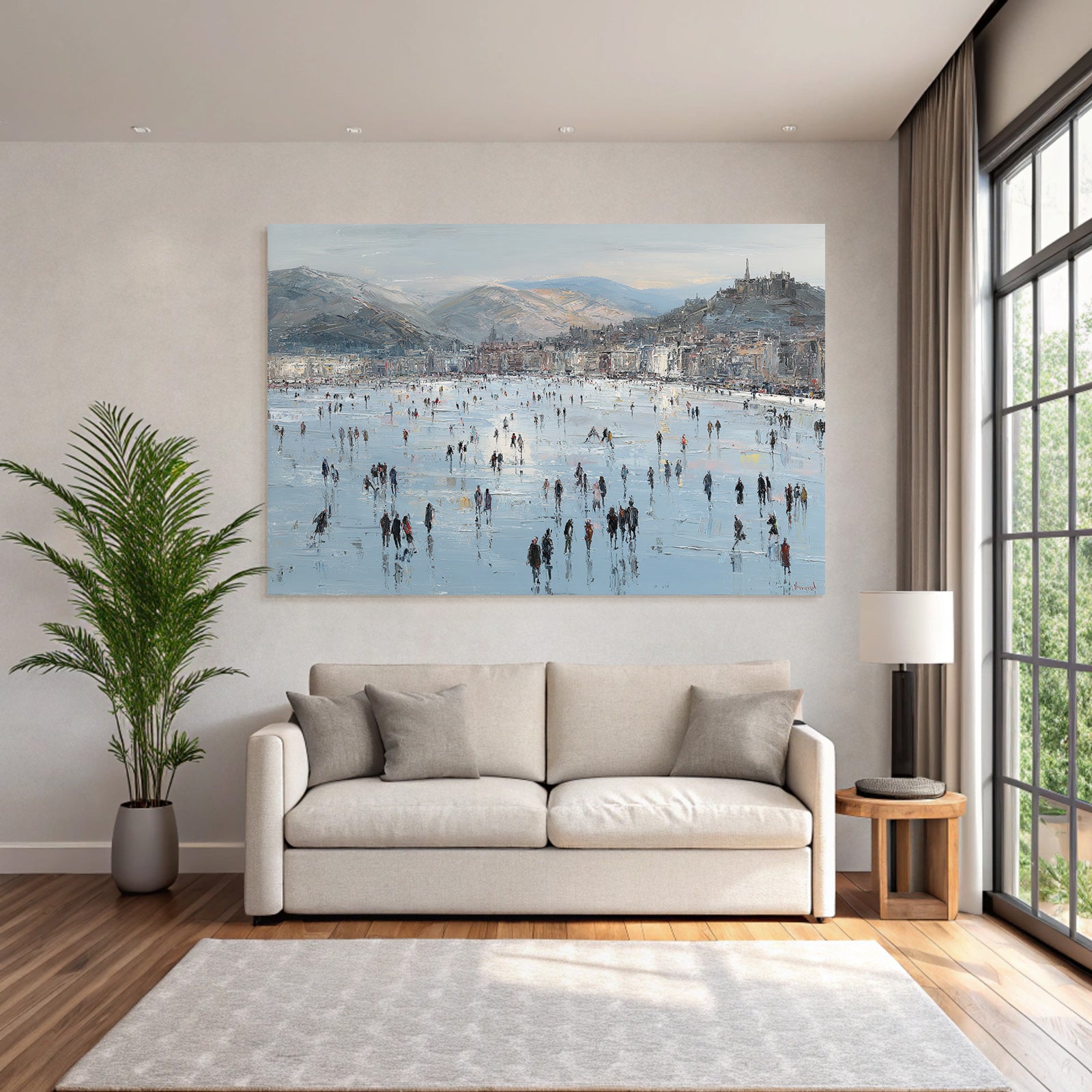 Winterszene Eisfläche Menschen Auf Eis Mountains Cityscape Impressionistisch
