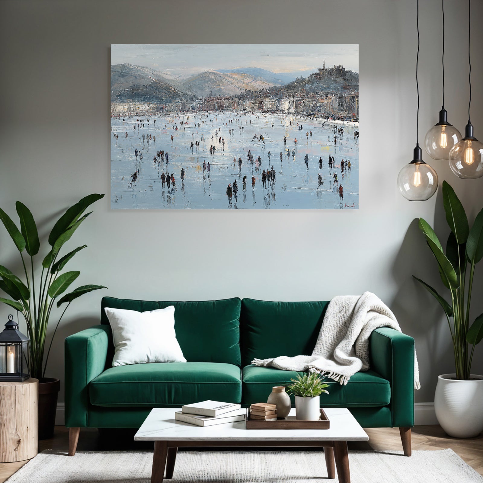 Winterszene Eisfläche Menschen Auf Eis Mountains Cityscape Impressionistisch