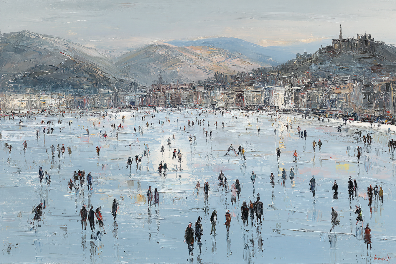 Winterszene Eisfläche Menschen Auf Eis Mountains Cityscape Impressionistisch | Sport und Bewegung | Themen und Hobbys