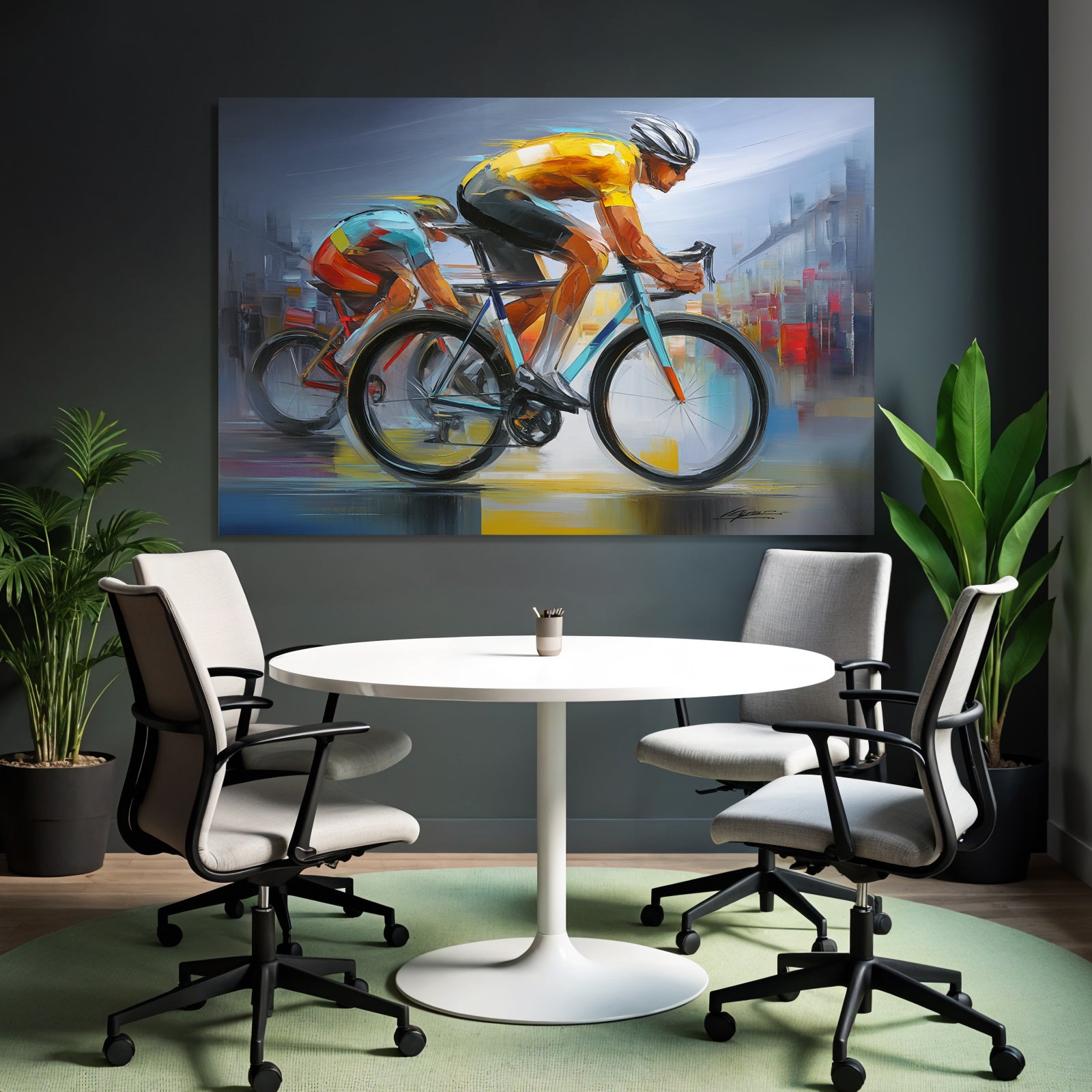 Zwei Radfahrer Im Rennen Vibrante Farben Abstrakte Striche Kunstwerk