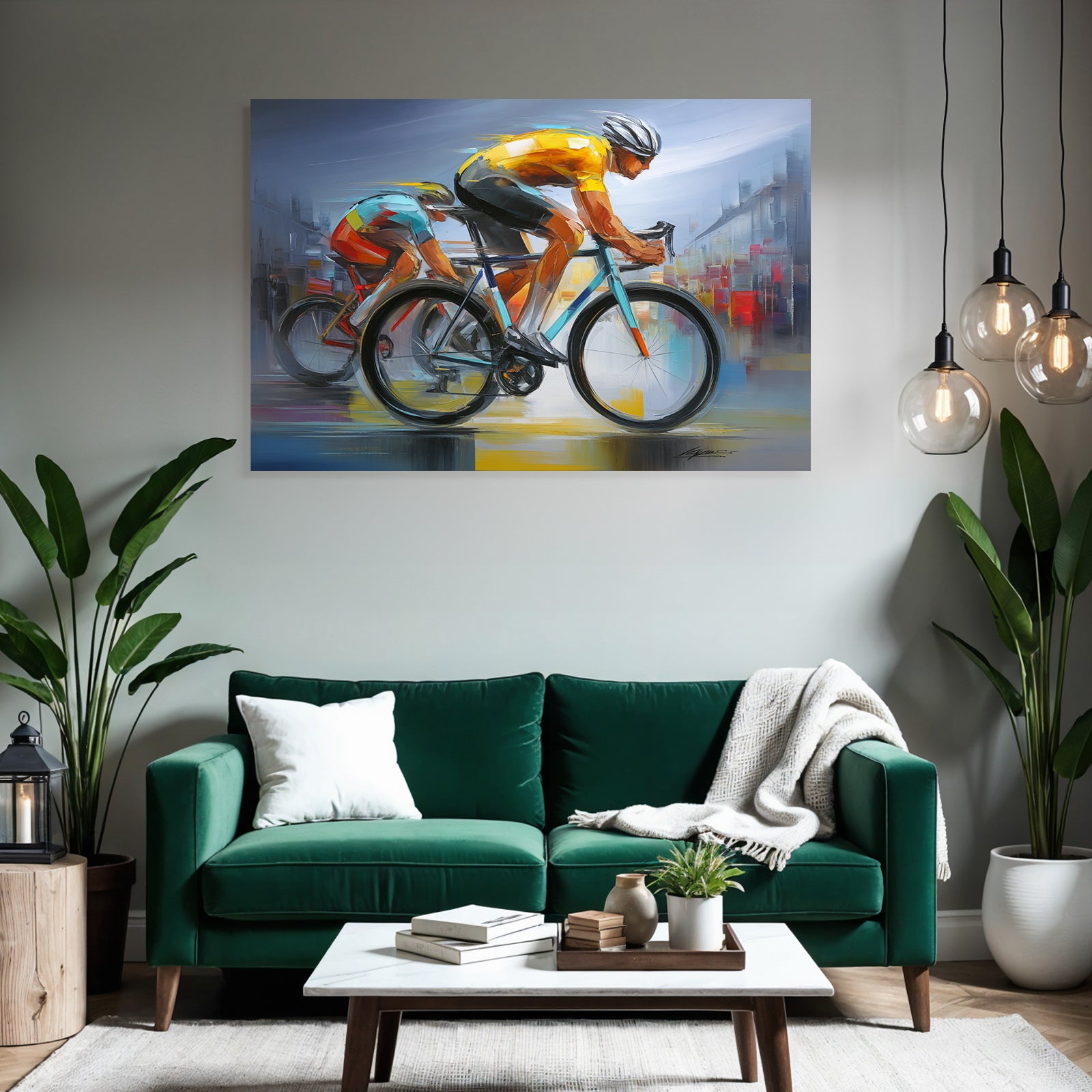 Zwei Radfahrer Im Rennen Vibrante Farben Abstrakte Striche Kunstwerk