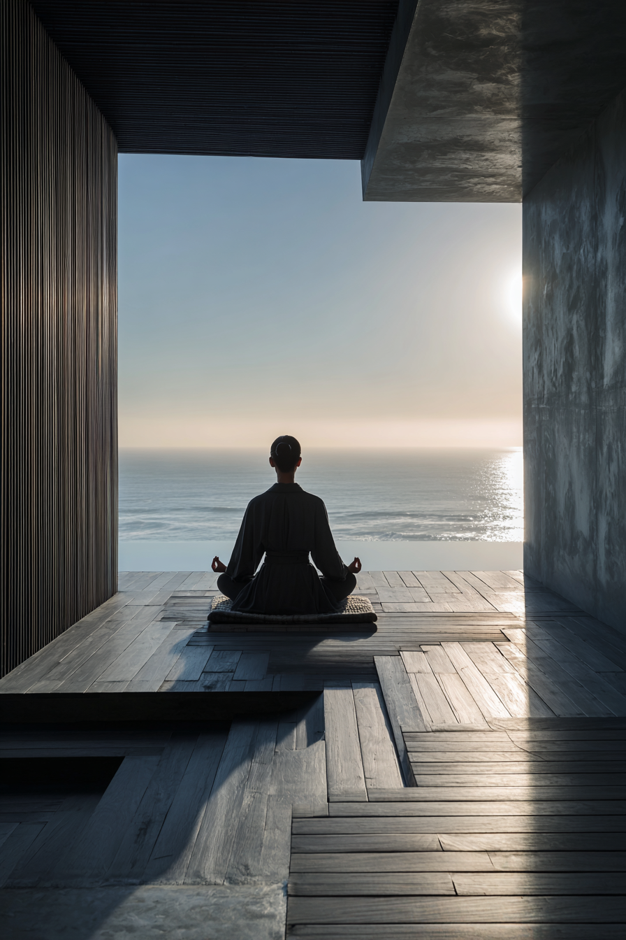 Yoga Meditation Meditierender Mensch Auf Holzboden Gegen Überblick Vom Ocean Untergehende Sonne