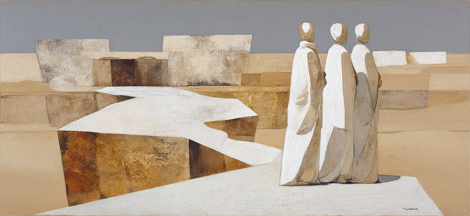 Yoga Meditation Abstrakte Kunst Drei Humanoide Figuren In Umhängen Minimalistische Landschaft