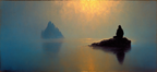 Yoga Meditation Friedliche Nebelige Landschaft Mit Figuren Am Wasser
