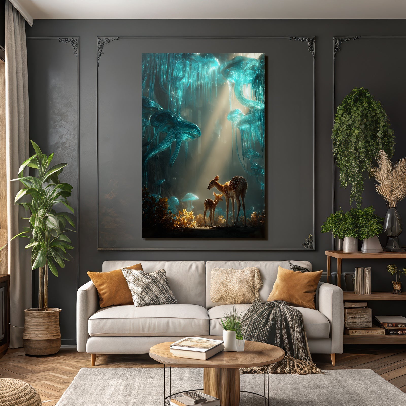 Beruhigende Mystische Landschaft Mutter Fawn Jellyfish Lichttraum