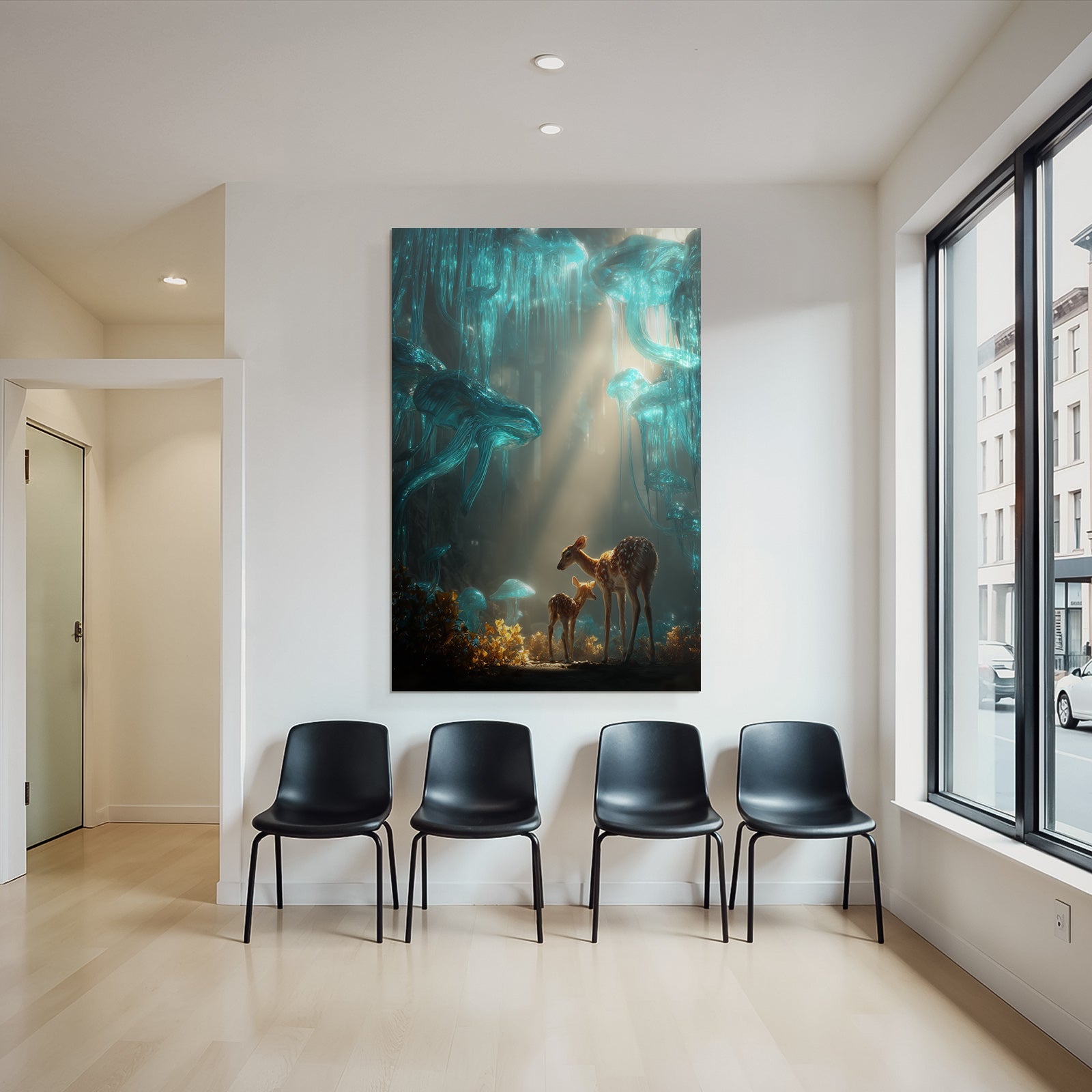 Beruhigende Mystische Landschaft Mutter Fawn Jellyfish Lichttraum