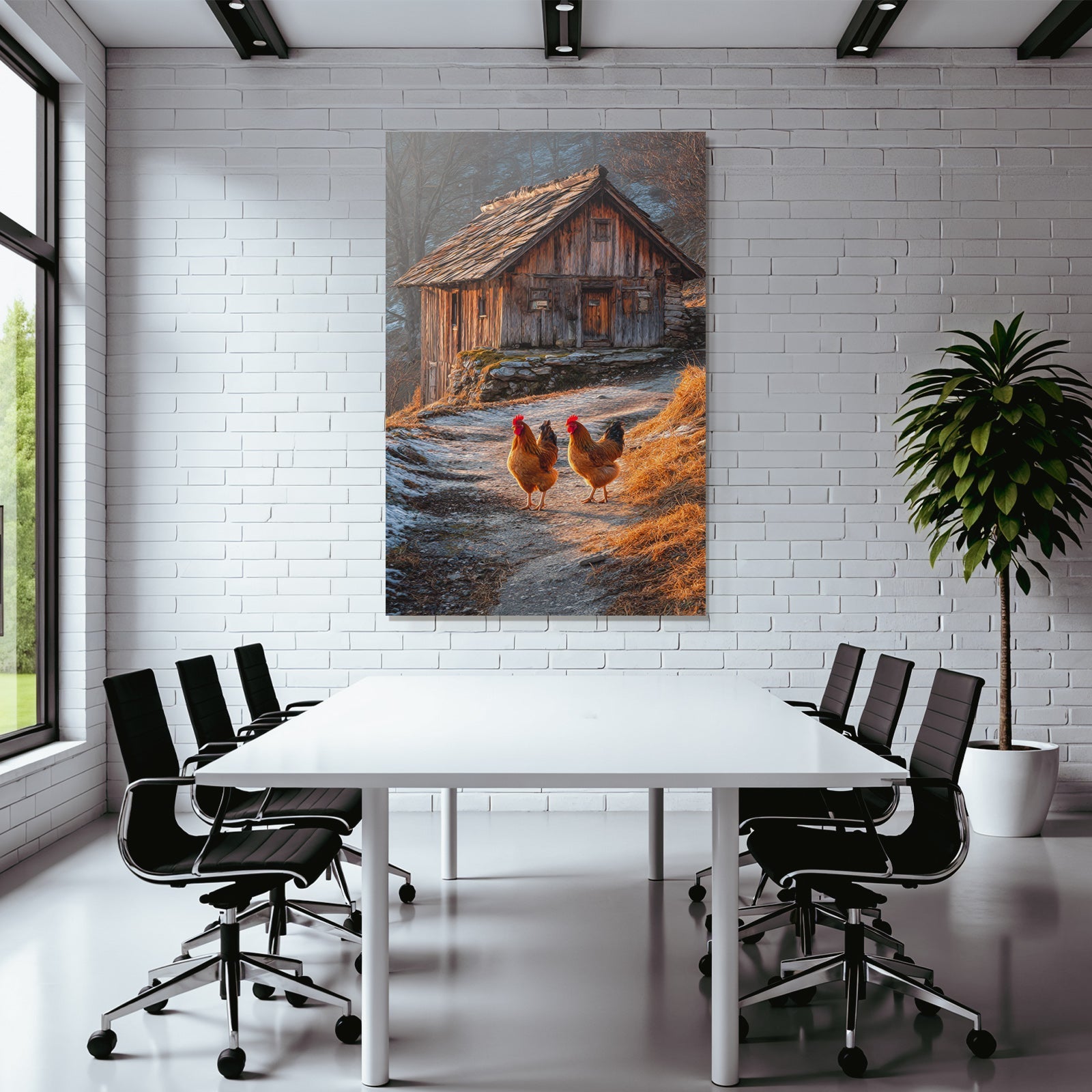 Malerische Landschaft Hühnchen Vor Holzhütte Morgensonne Schnee Wiese