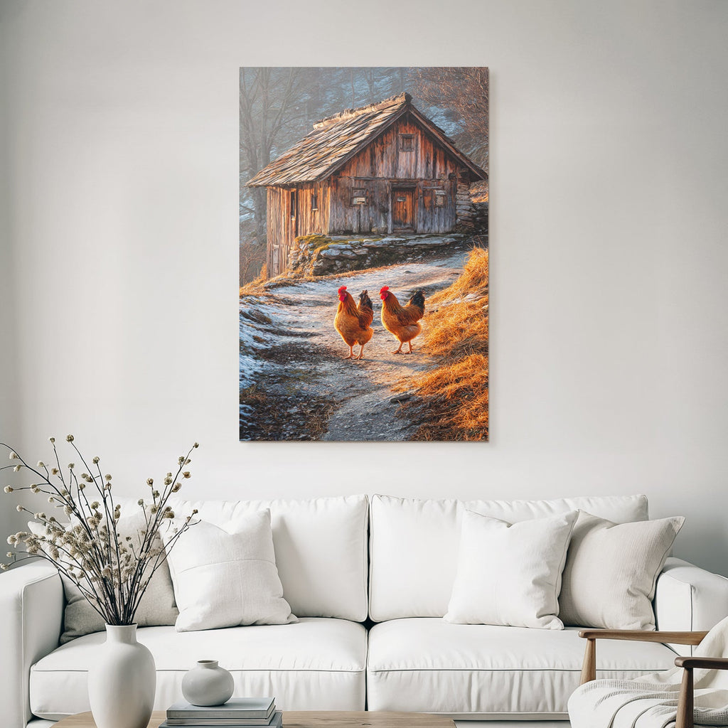 Malerische Landschaft Hühnchen Vor Holzhütte Morgensonne Schnee Wiese