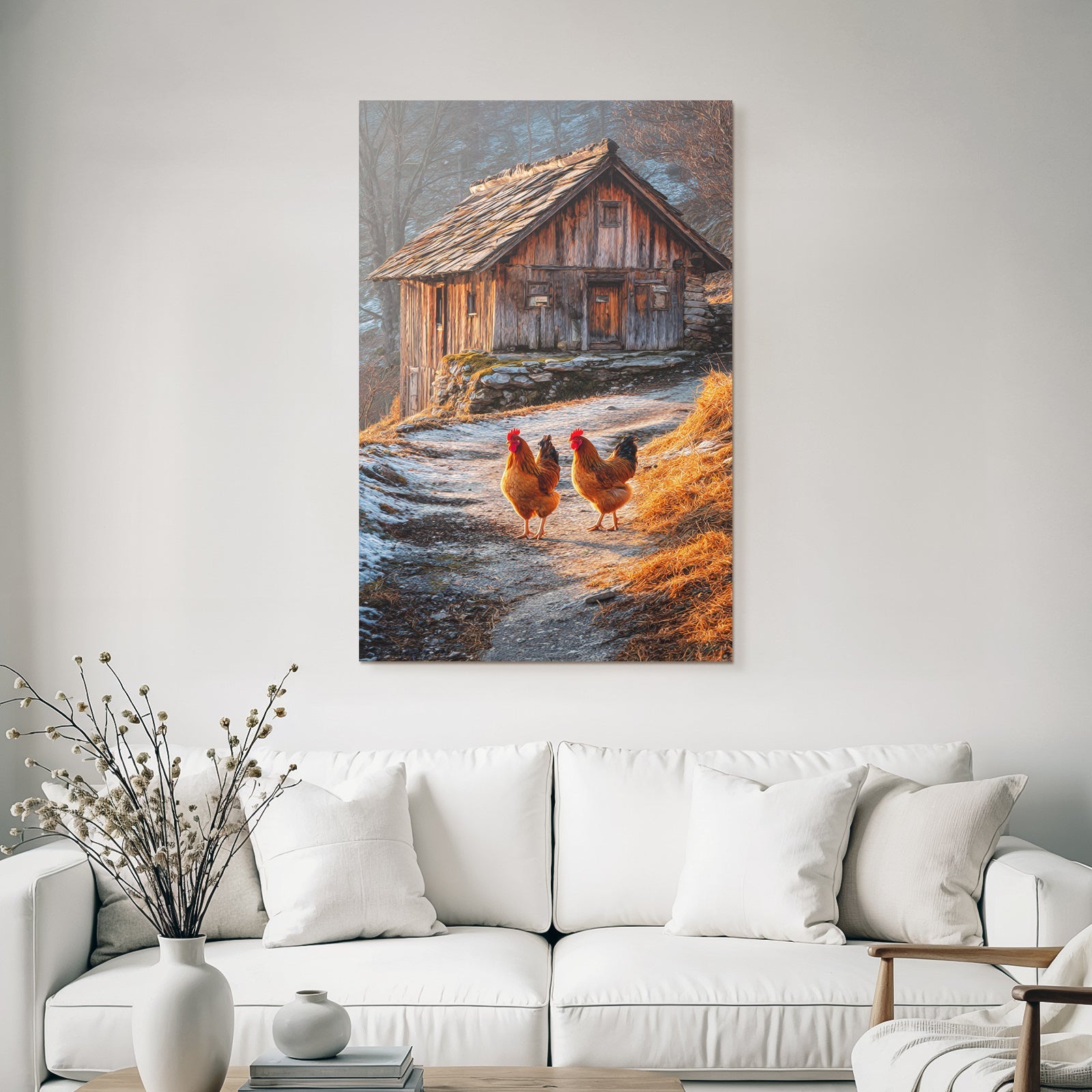 Malerische Landschaft Hühnchen Vor Holzhütte Morgensonne Schnee Wiese