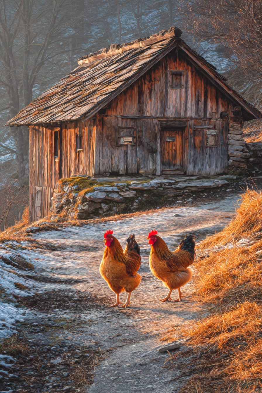 Malerische Landschaft Hühnchen Vor Holzhütte Morgensonne Schnee Wiese | Bauernhoefe und Waldtiere | Tiere