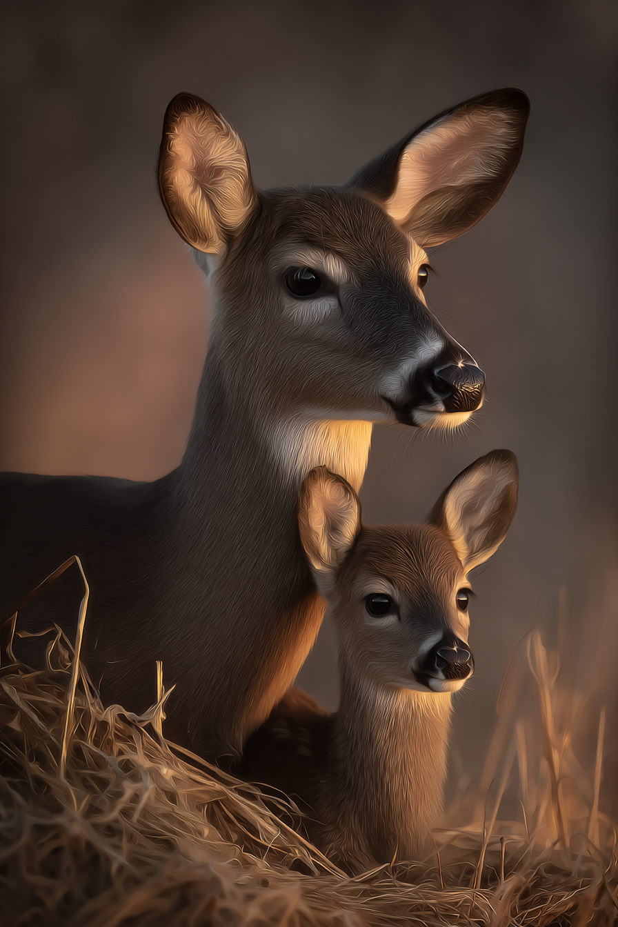 Mutter Und Fawn Im Hay Weichem Licht Natur Detailaufnahme | Bauernhoefe und Waldtiere | Tiere