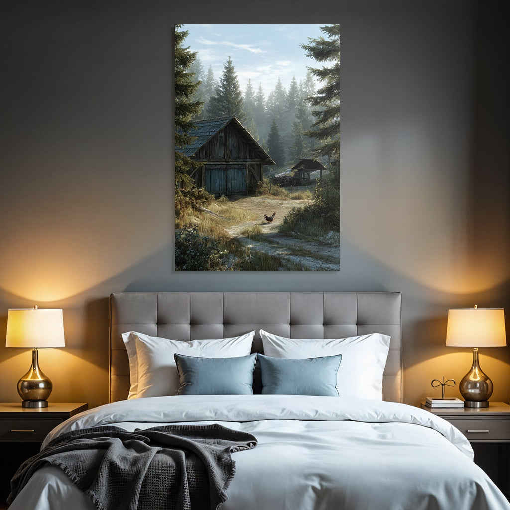 Ruhige Land Landschaft Holzscheune Mit Tannenbaum Hühner Morgennebel