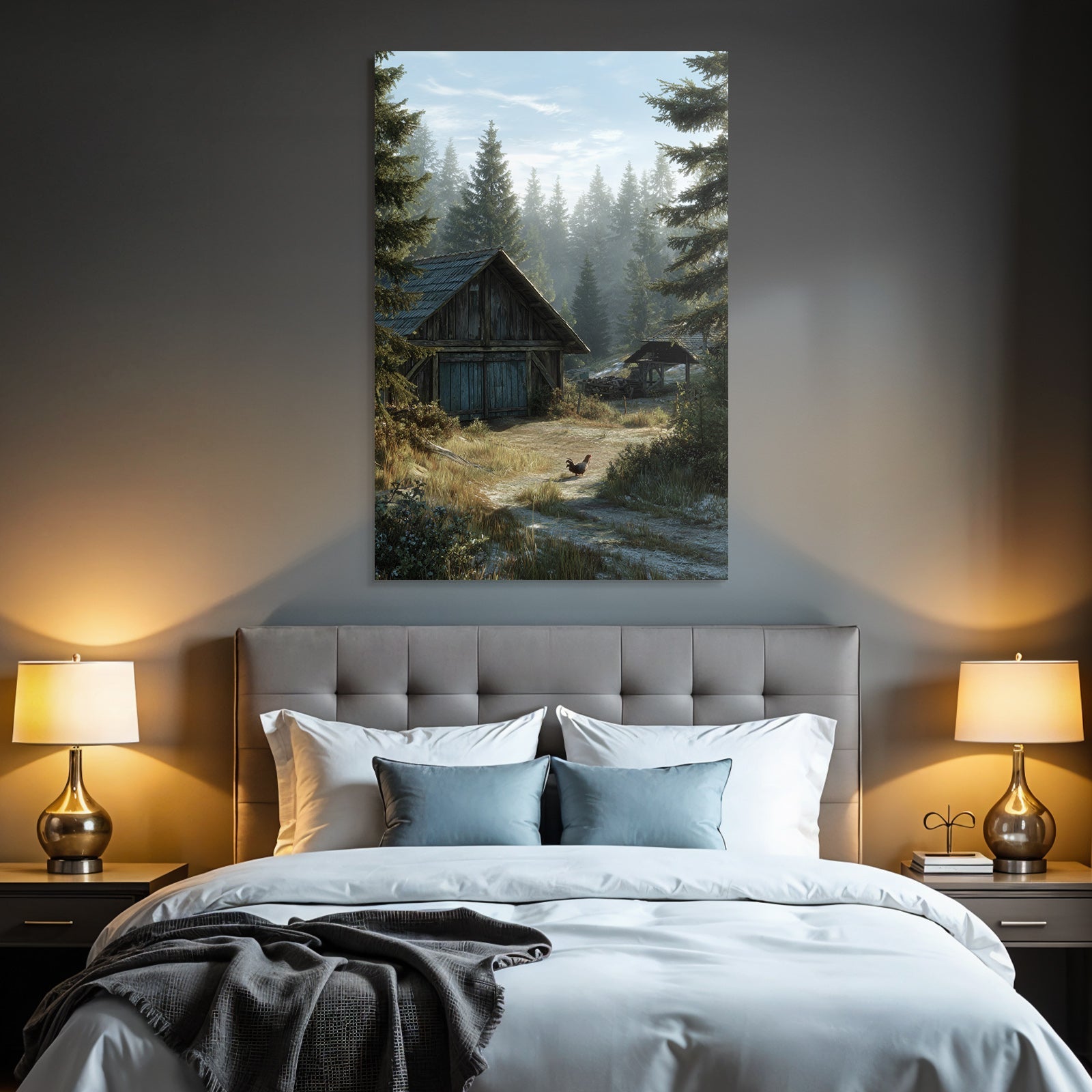 Ruhige Land Landschaft Holzscheune Mit Tannenbaum Hühner Morgennebel