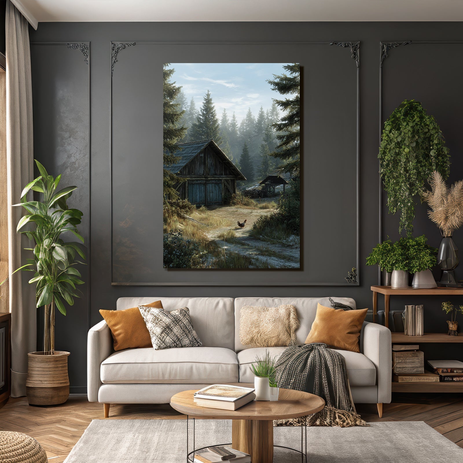 Ruhige Land Landschaft Holzscheune Mit Tannenbaum Hühner Morgennebel
