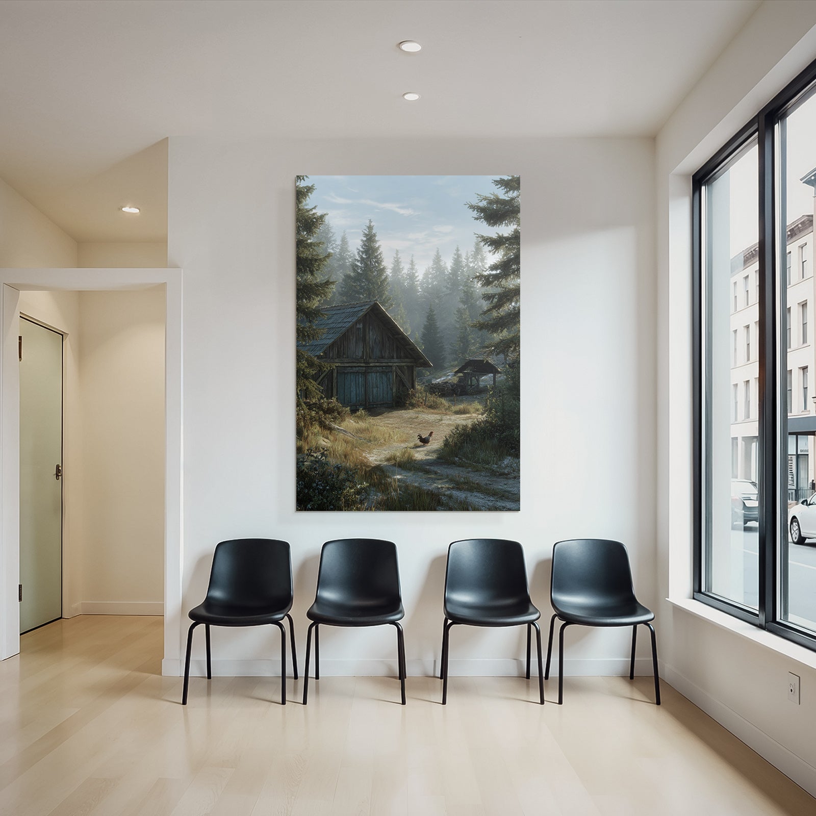 Ruhige Land Landschaft Holzscheune Mit Tannenbaum Hühner Morgennebel