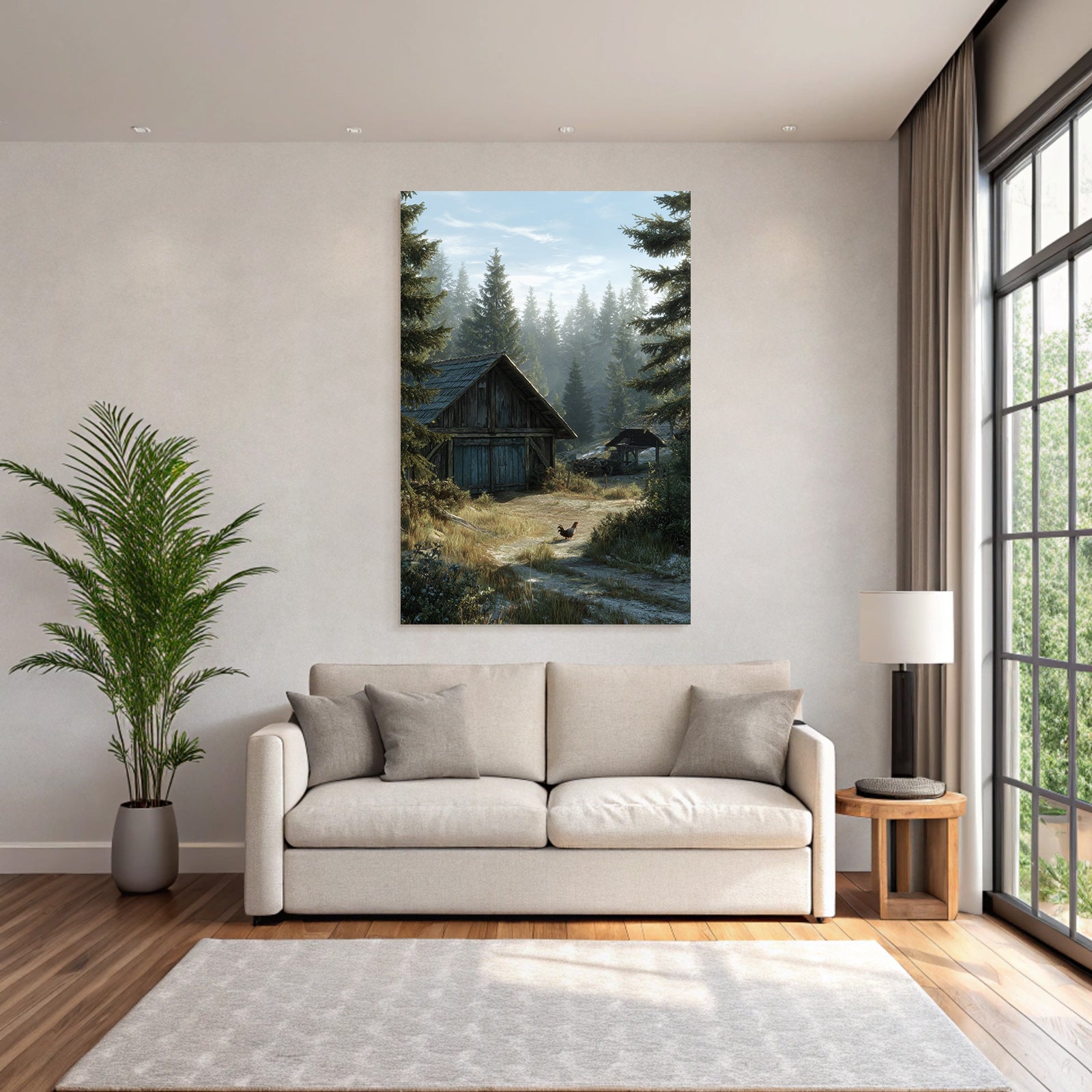 Ruhige Land Landschaft Holzscheune Mit Tannenbaum Hühner Morgennebel