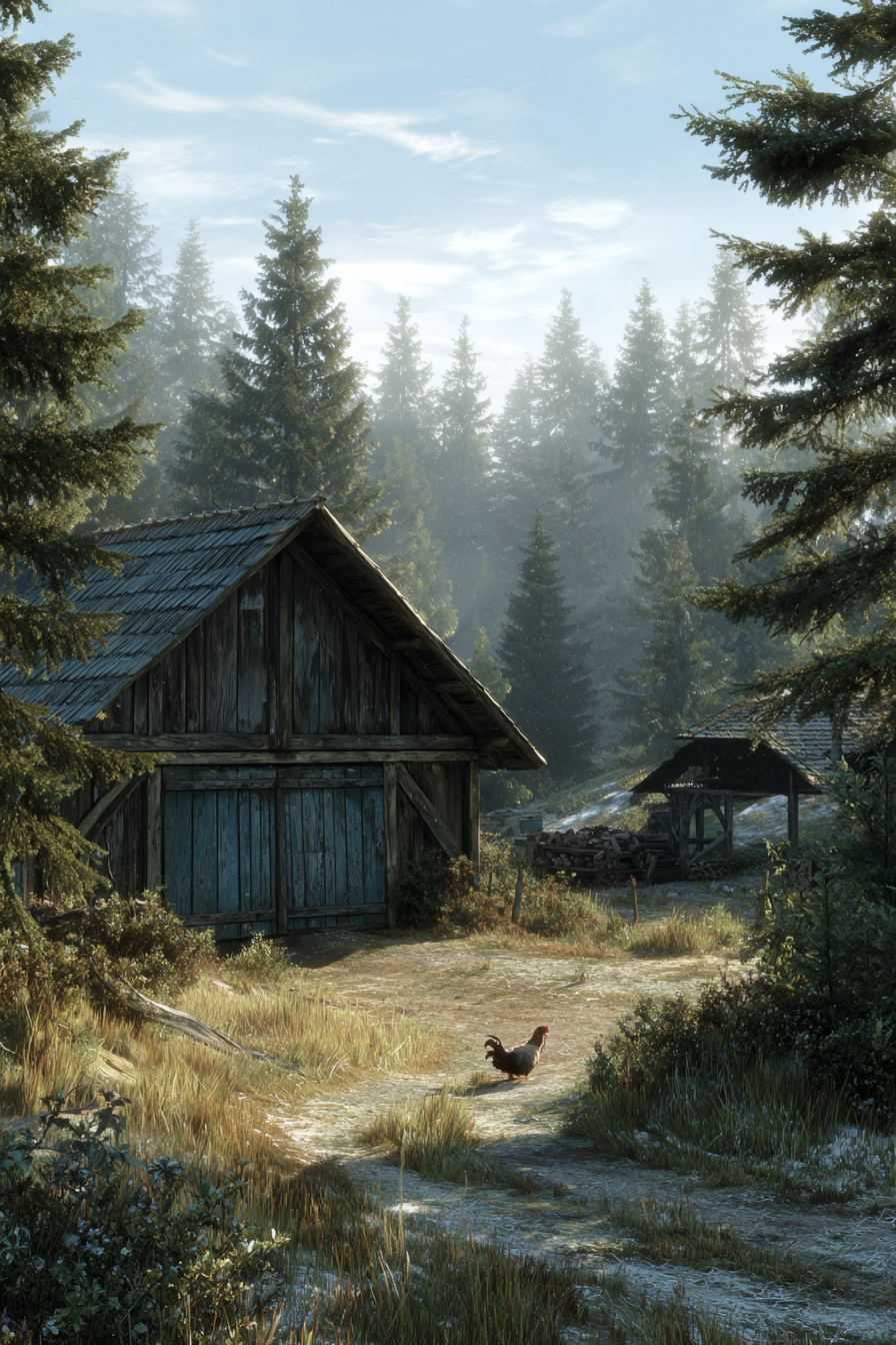 Ruhige Land Landschaft Holzscheune Mit Tannenbaum Hühner Morgennebel | Bauernhoefe und Waldtiere | Tiere