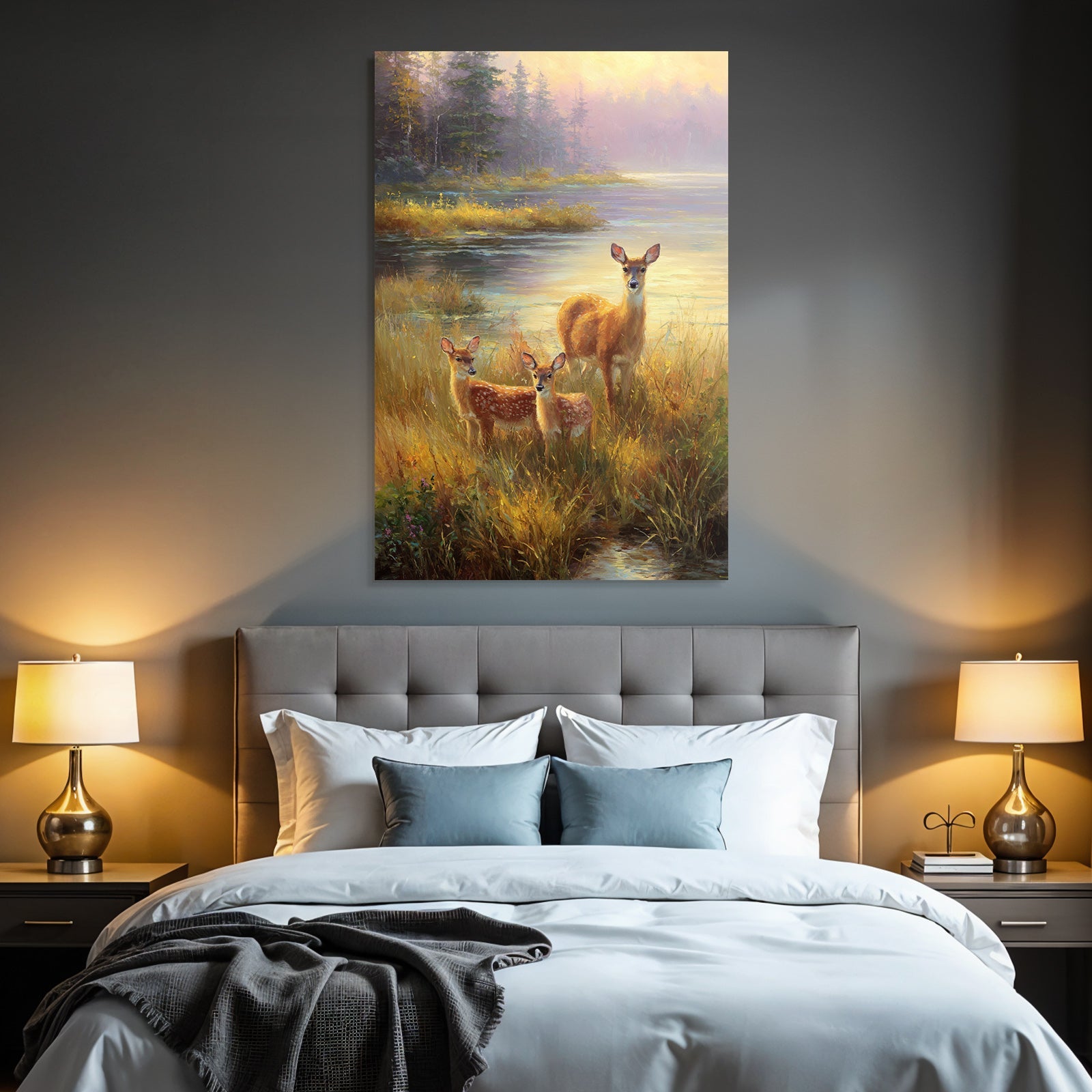 Ruhige Natur Szene Deer Fawns Am Wasser
