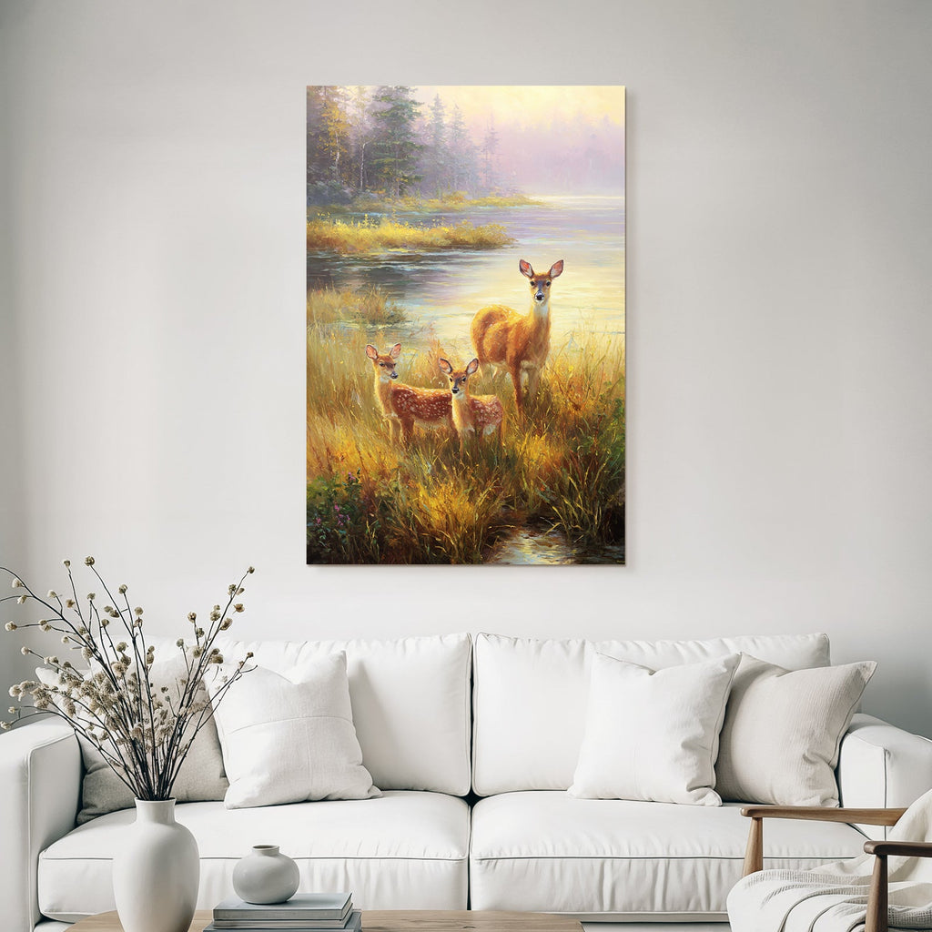 Ruhige Natur Szene Deer Fawns Am Wasser