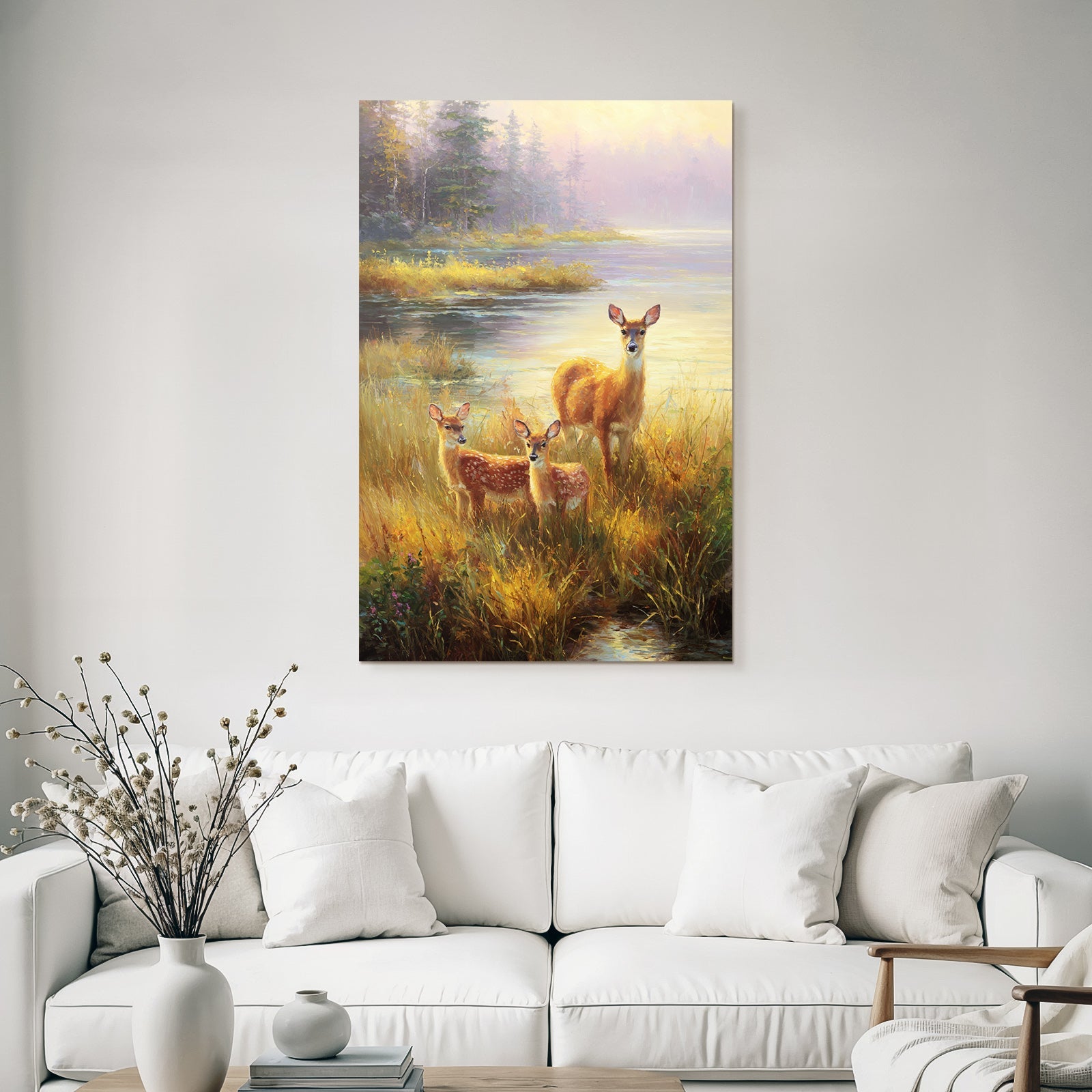 Ruhige Natur Szene Deer Fawns Am Wasser