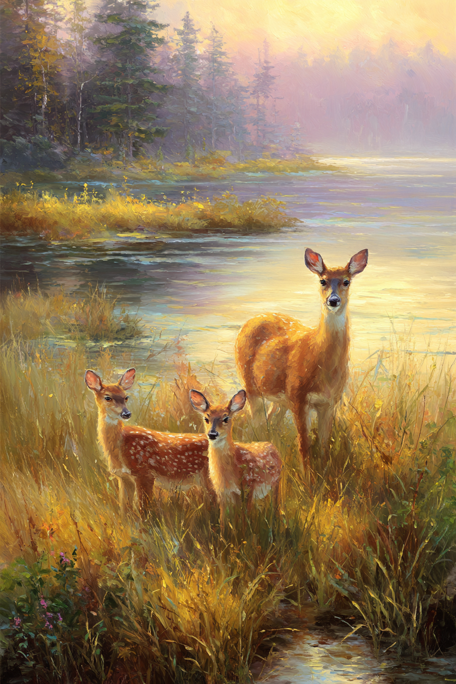 Ruhige Natur Szene Deer Fawns Am Wasser | Bauernhoefe und Waldtiere | Tiere