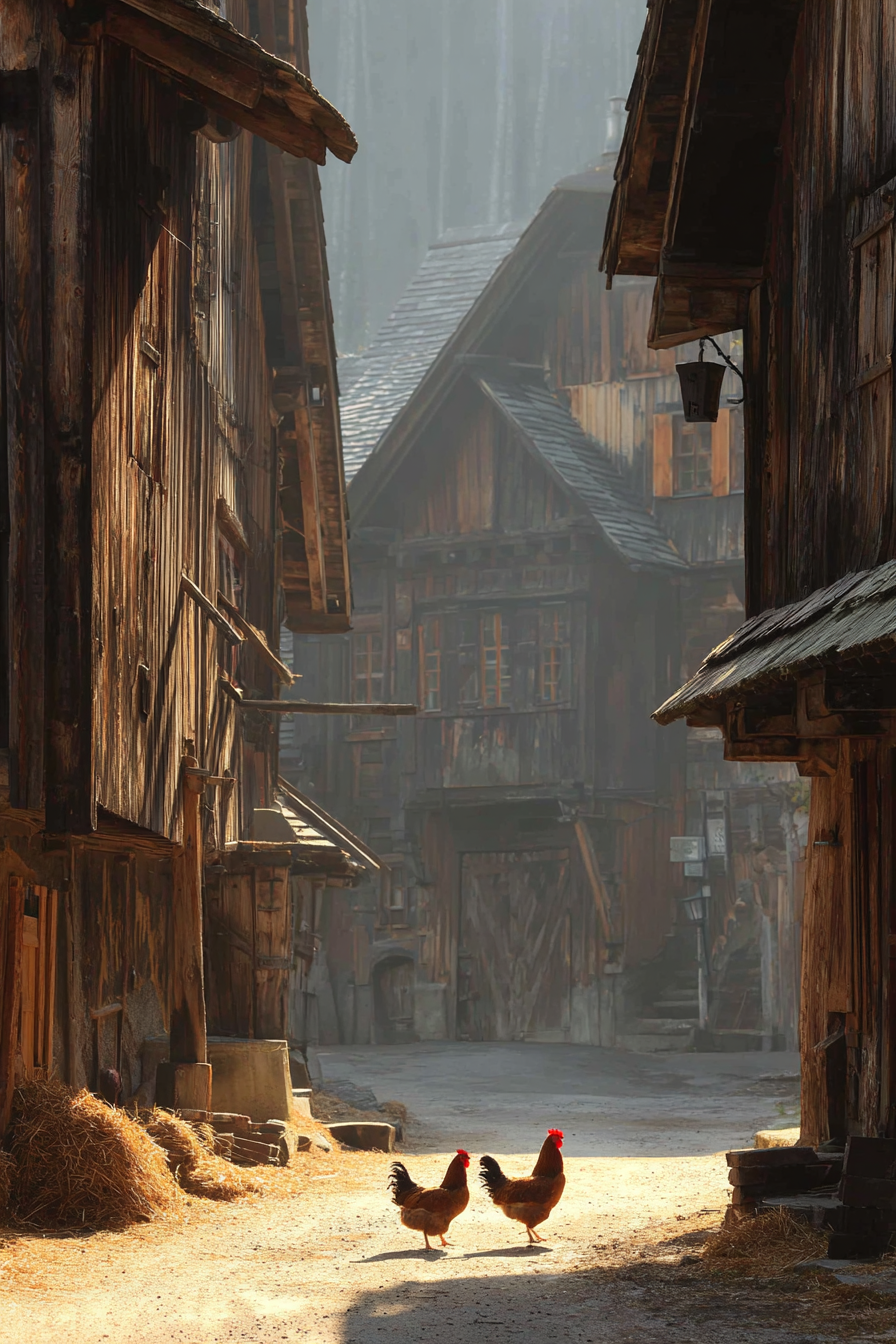 Rustikale Gasse Mit Hühnern Morgens Nebel | Bauernhoefe und Waldtiere | Tiere