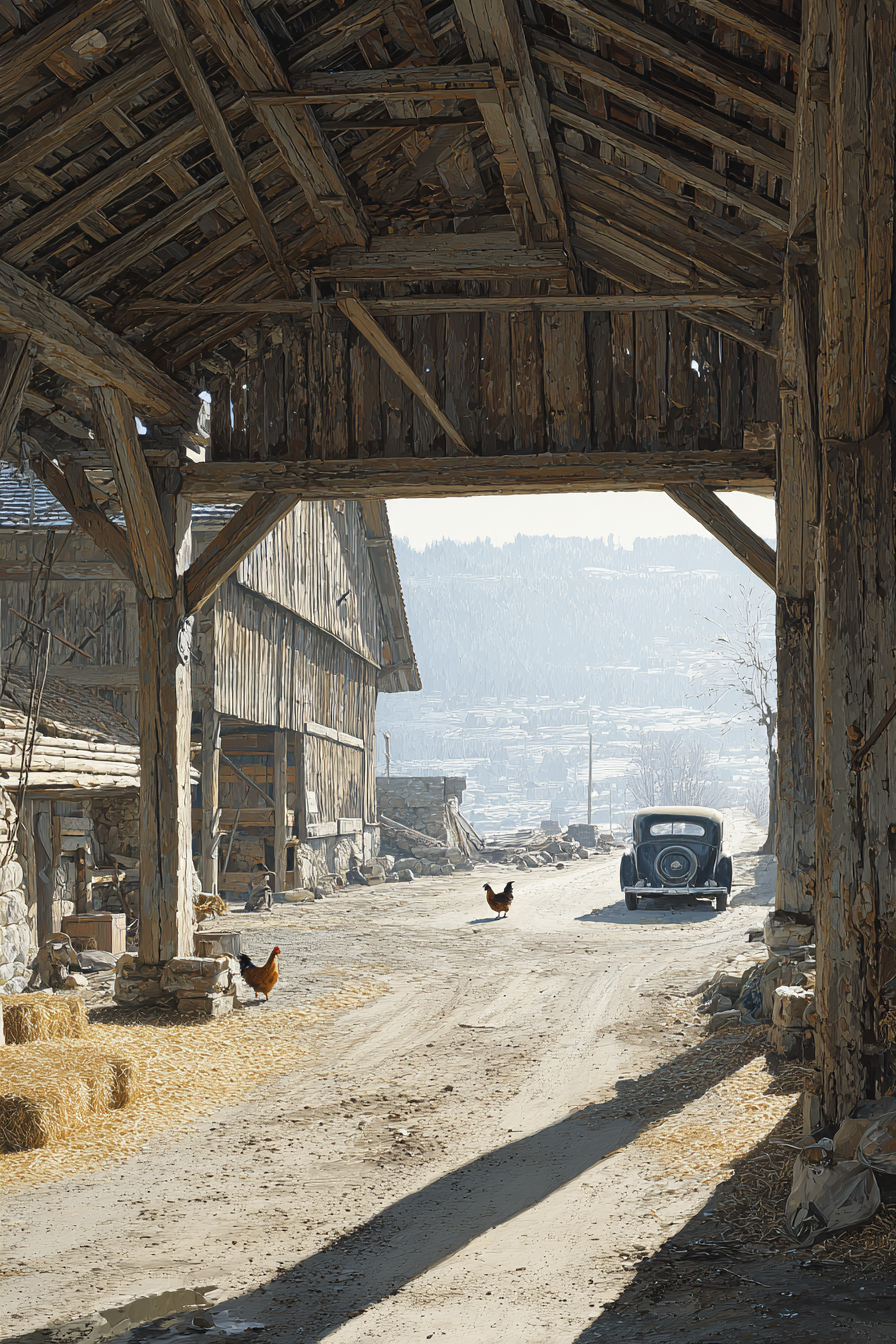 Rustikale Szene Dirt Road Vintage Auto Holzgebaude Huhner Morgensonne | Bauernhoefe und Waldtiere | Tiere
