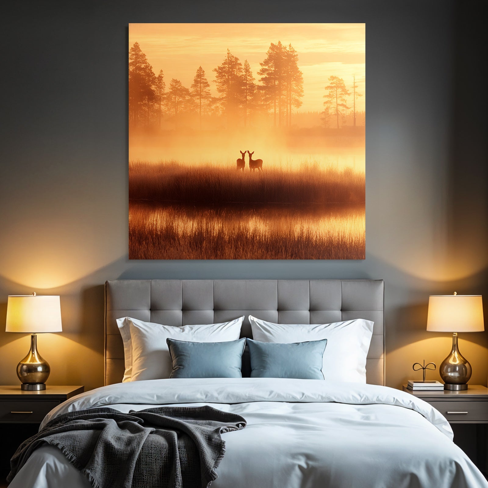 Friedliche Landschaft Deer Bei Aufgang Oder Abendsonne Mit Wasser Und Bäumen
