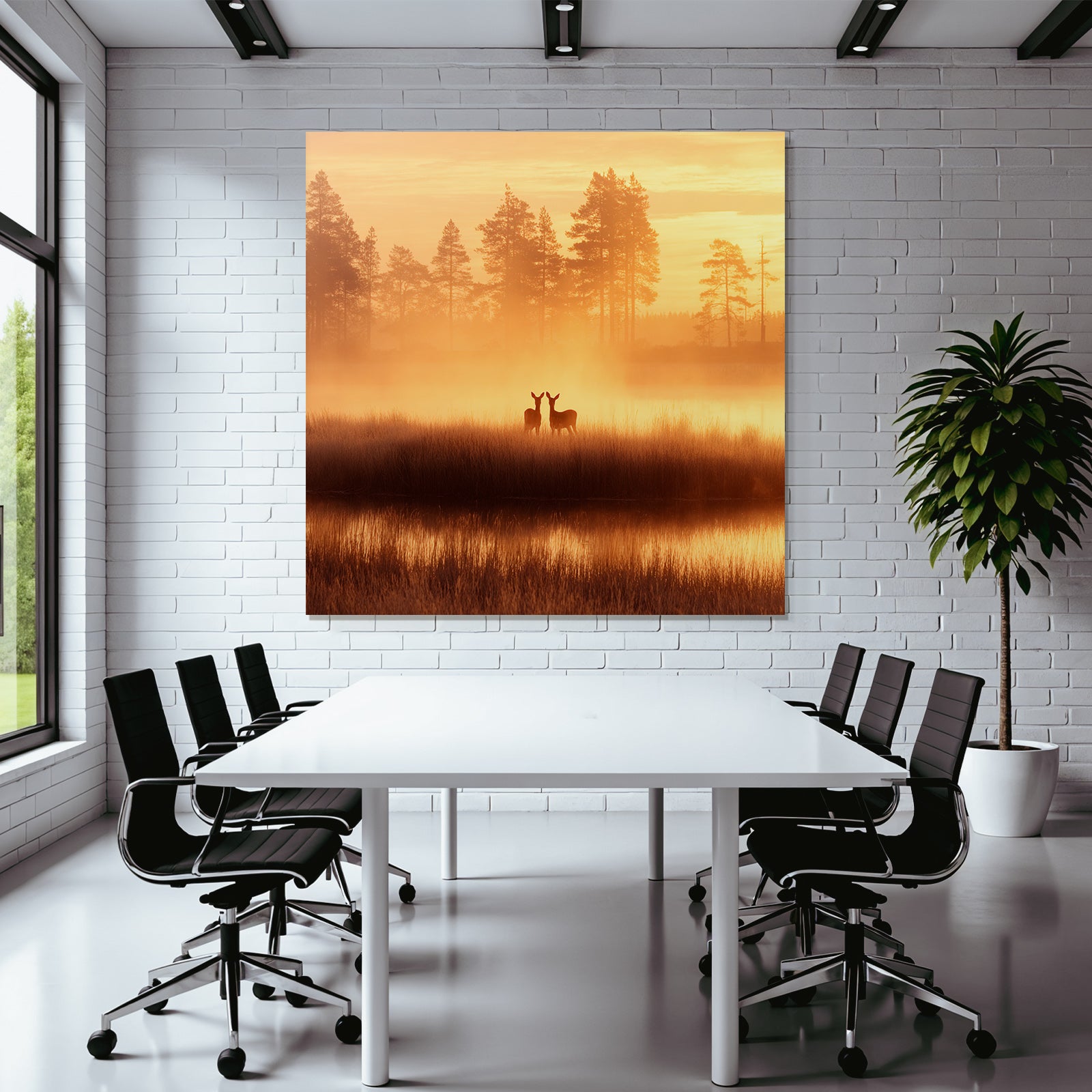Friedliche Landschaft Deer Bei Aufgang Oder Abendsonne Mit Wasser Und Bäumen