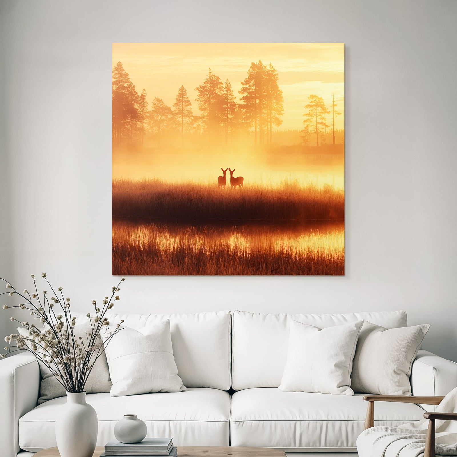 Friedliche Landschaft Deer Bei Aufgang Oder Abendsonne Mit Wasser Und Bäumen