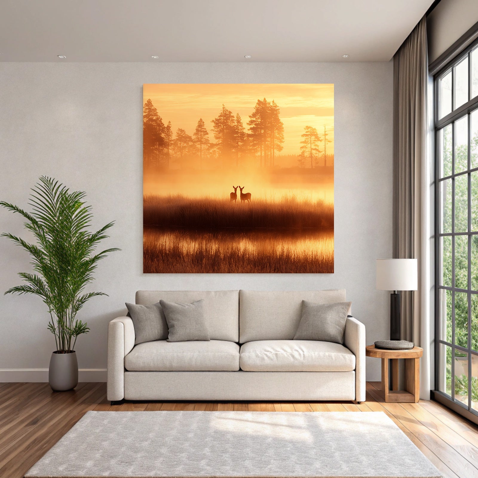 Friedliche Landschaft Deer Bei Aufgang Oder Abendsonne Mit Wasser Und Bäumen