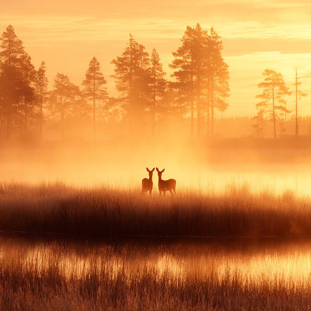 Friedliche Landschaft Deer Bei Aufgang Oder Abendsonne Mit Wasser Und Bäumen | Bauernhoefe und Waldtiere | Tiere