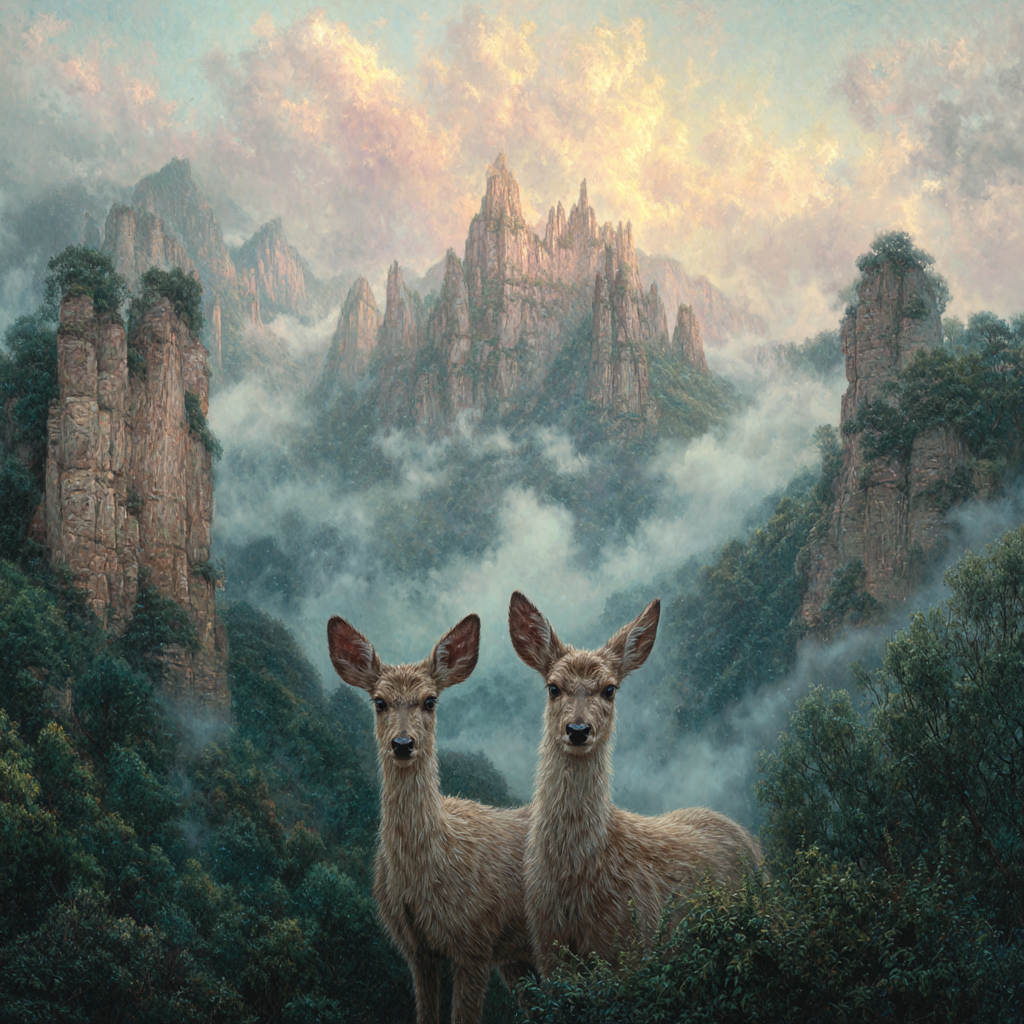 Friedliche Landschaft Mit Hirschern Im Vordergrund Und Nebligen Bergen Hintergrund | Bauernhoefe und Waldtiere | Tiere