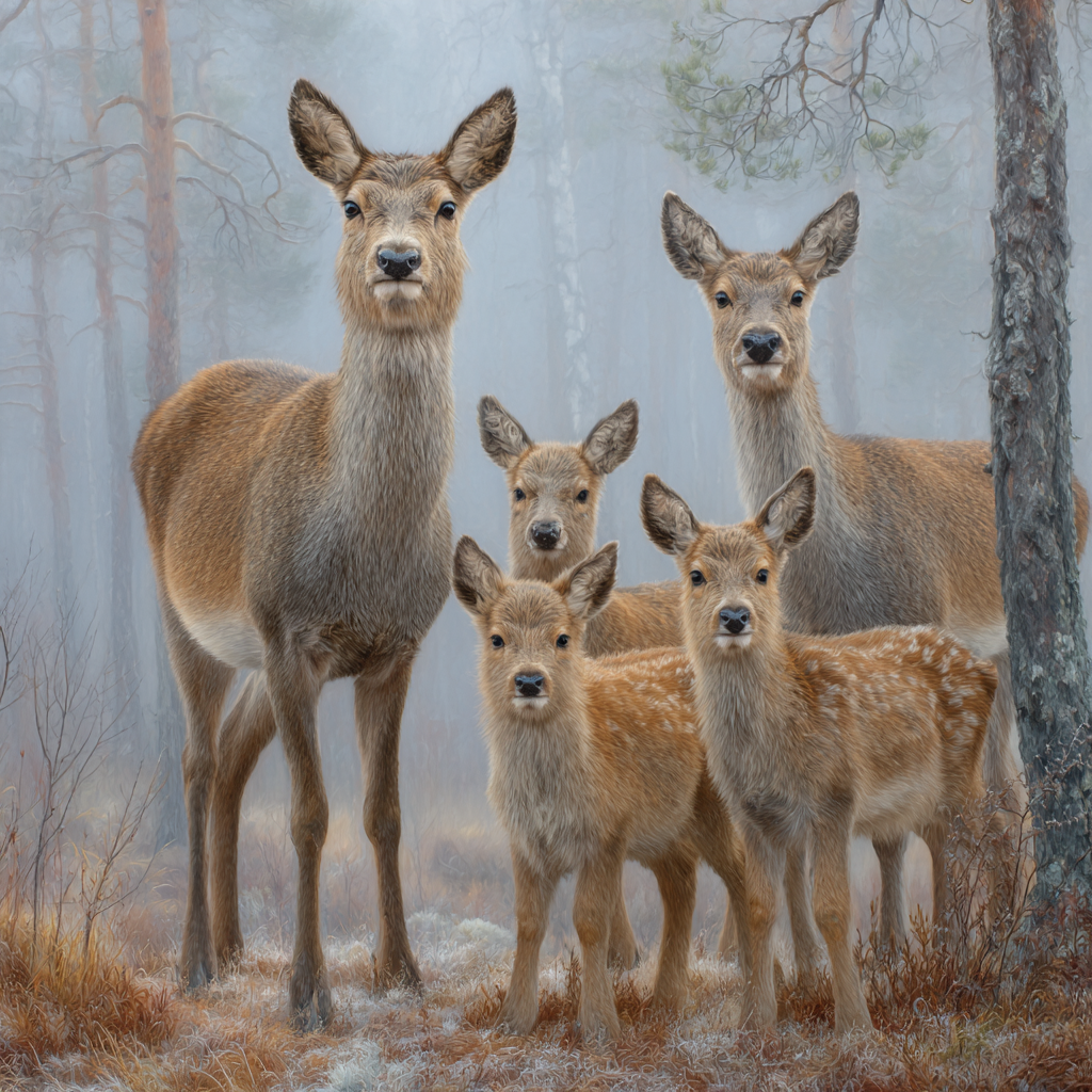 Gruppe Rehe Im Nebligen Wald | Bauernhoefe und Waldtiere | Tiere