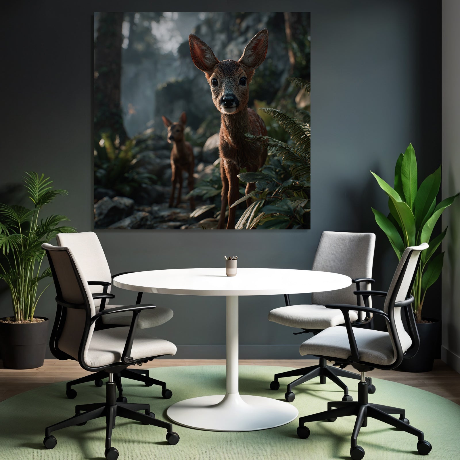 Junge Rehe Im Wald Mit Grünen Pflanzen Und Blassen Licht