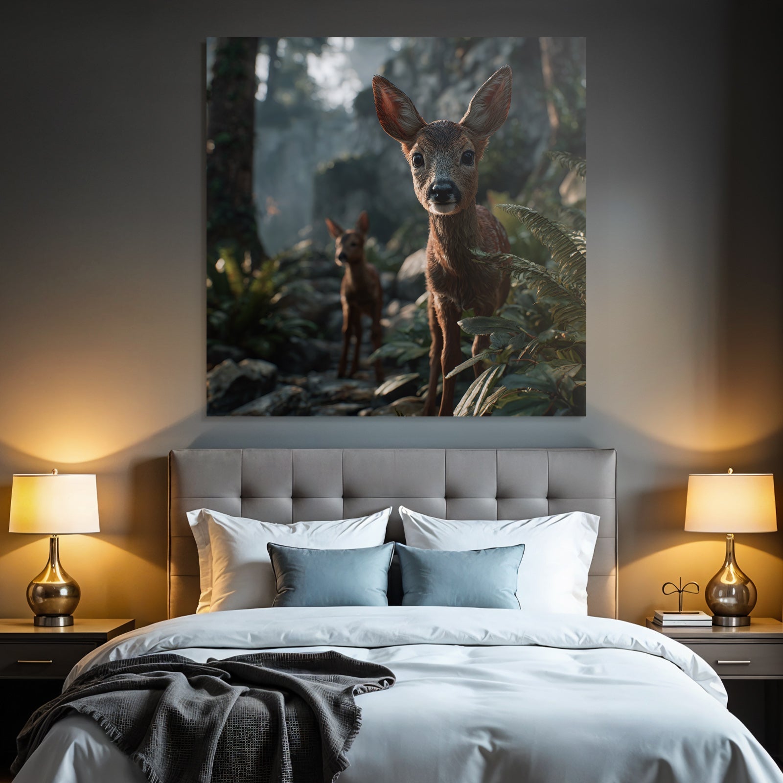 Junge Rehe Im Wald Mit Grünen Pflanzen Und Blassen Licht