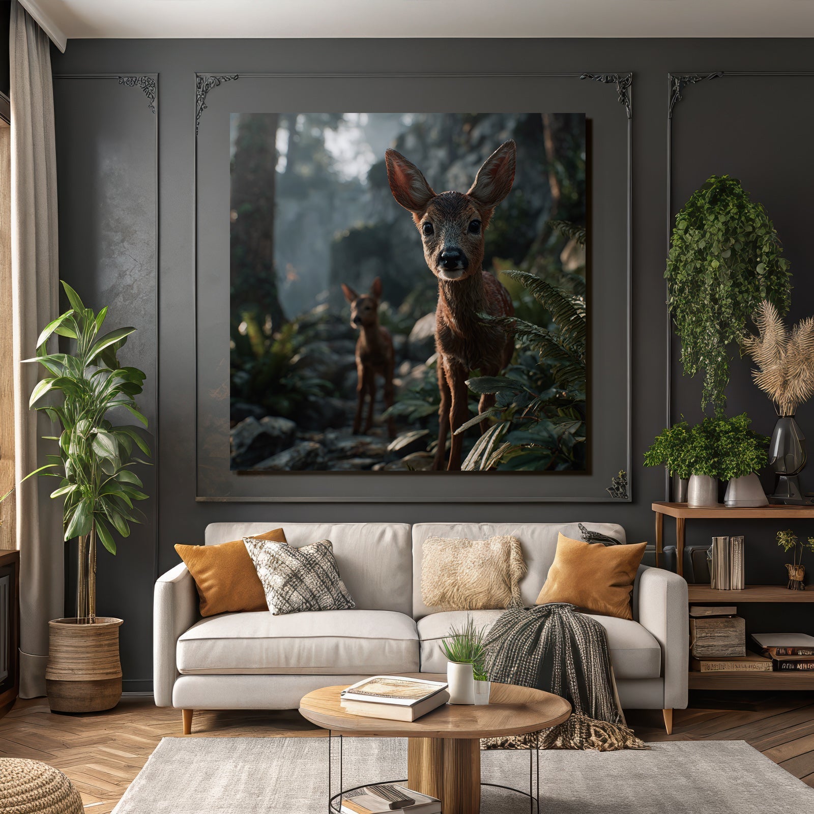 Junge Rehe Im Wald Mit Grünen Pflanzen Und Blassen Licht
