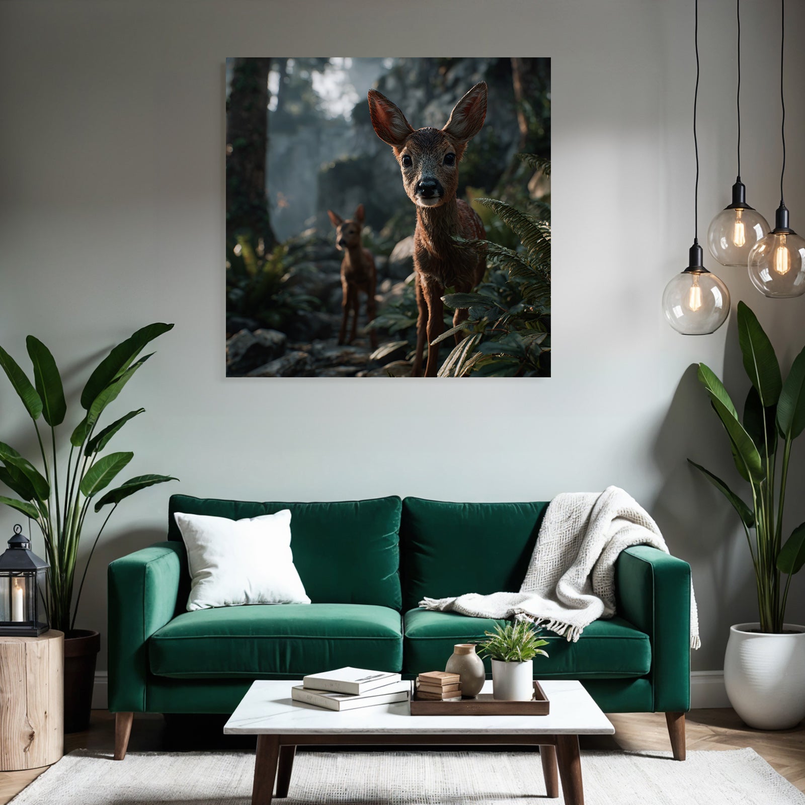 Junge Rehe Im Wald Mit Grünen Pflanzen Und Blassen Licht
