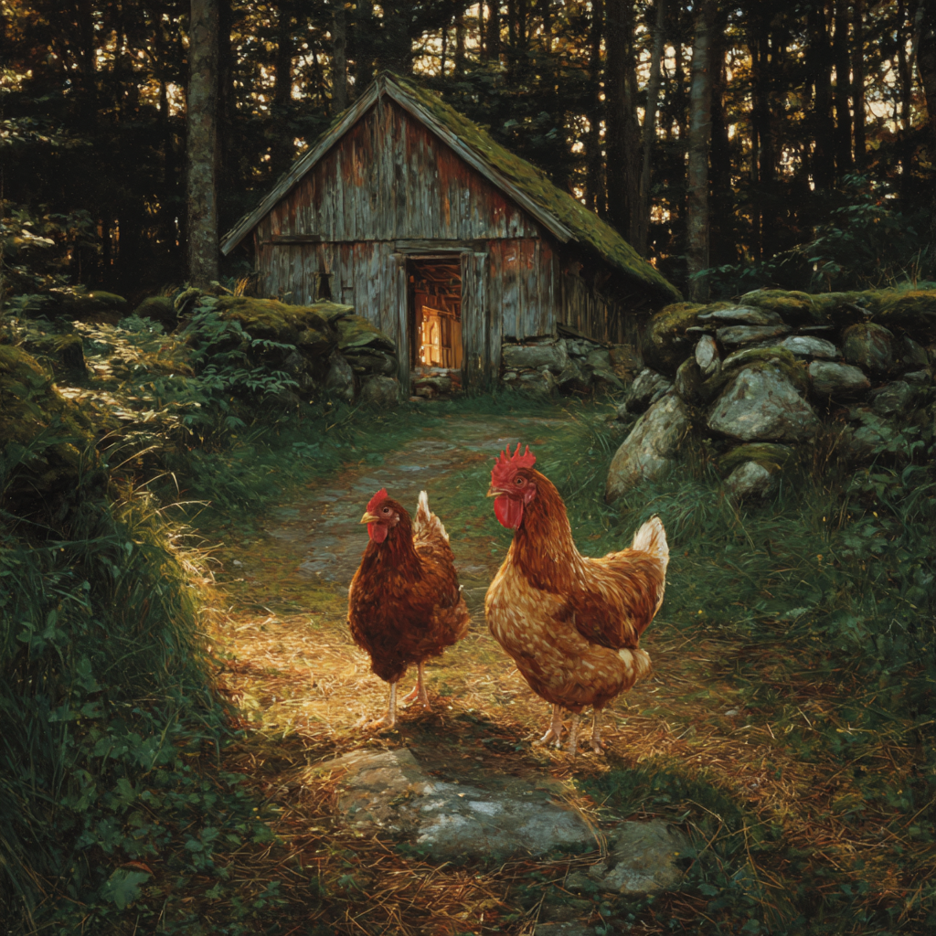 Ruhige Landschaft Mit Hühnern Vor Holzscheune Bei Weichem Licht | Bauernhoefe und Waldtiere | Tiere
