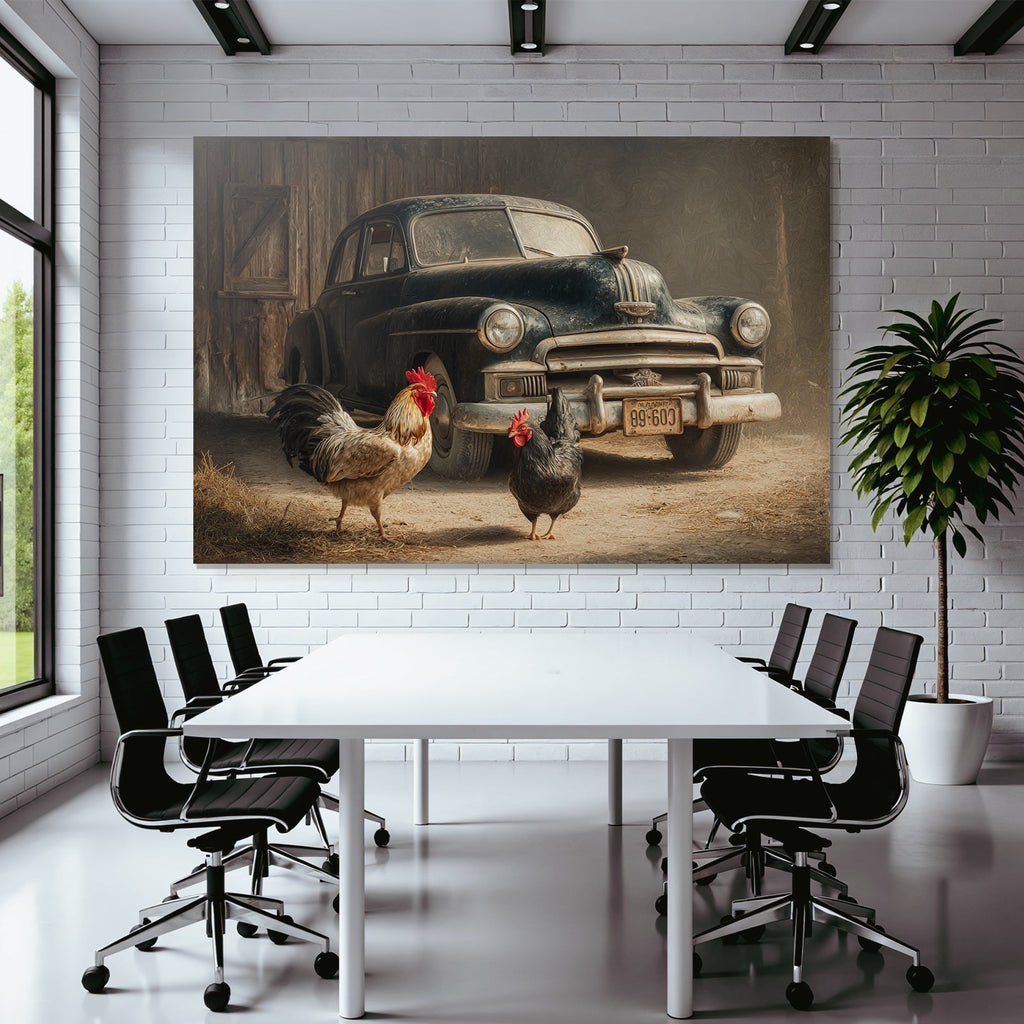 Alte Vintage Autos Mit Hühnchen In Rustikalem Setting
