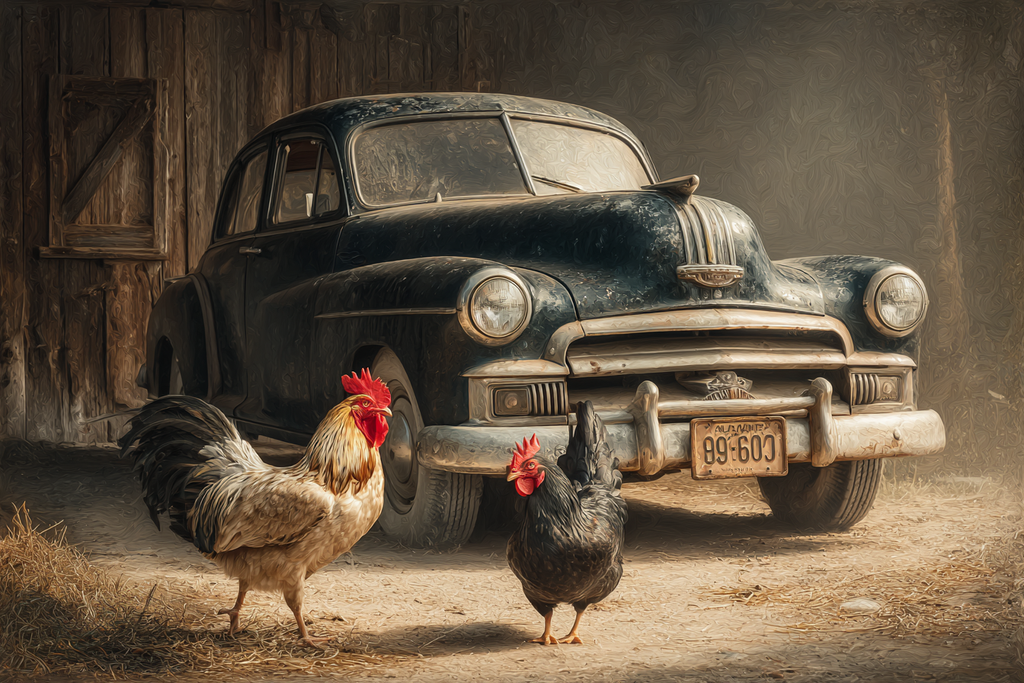 Alte Vintage Autos Mit Hühnchen In Rustikalem Setting | Bauernhoefe und Waldtiere | Tiere