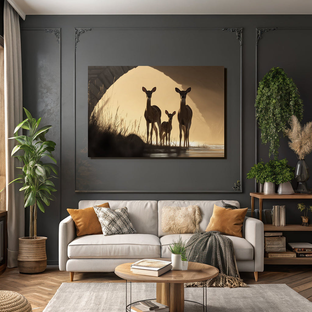 Deer Im Wasser Bei Sonnenuntergang Silhoütte Effekt