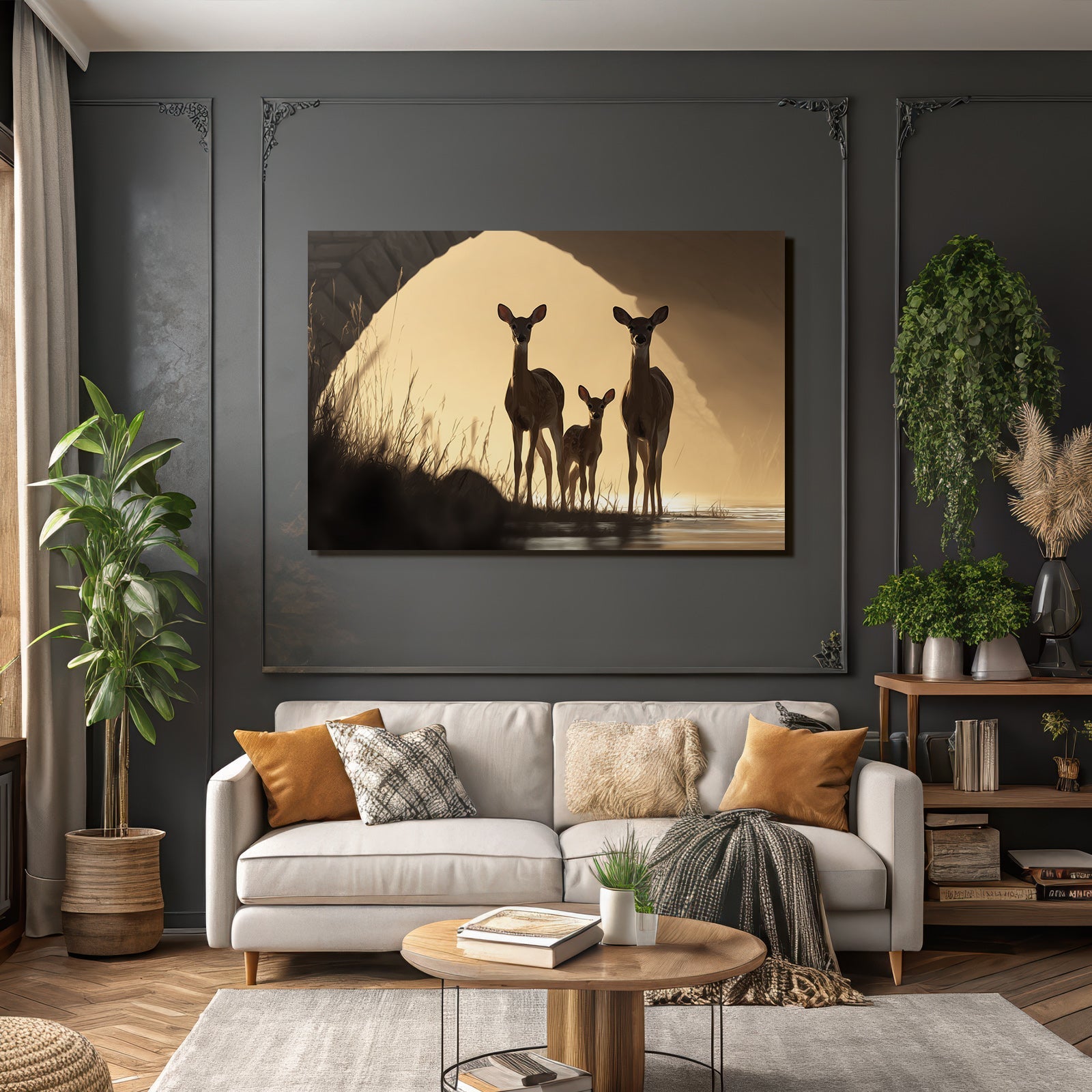 Deer Im Wasser Bei Sonnenuntergang Silhoütte Effekt