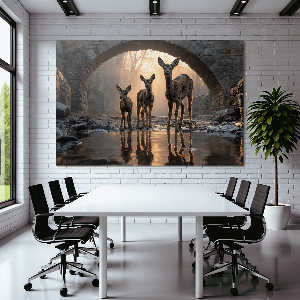 Deer Im Wasser Unter Einem Steinbogen Mystische Atmosphäre