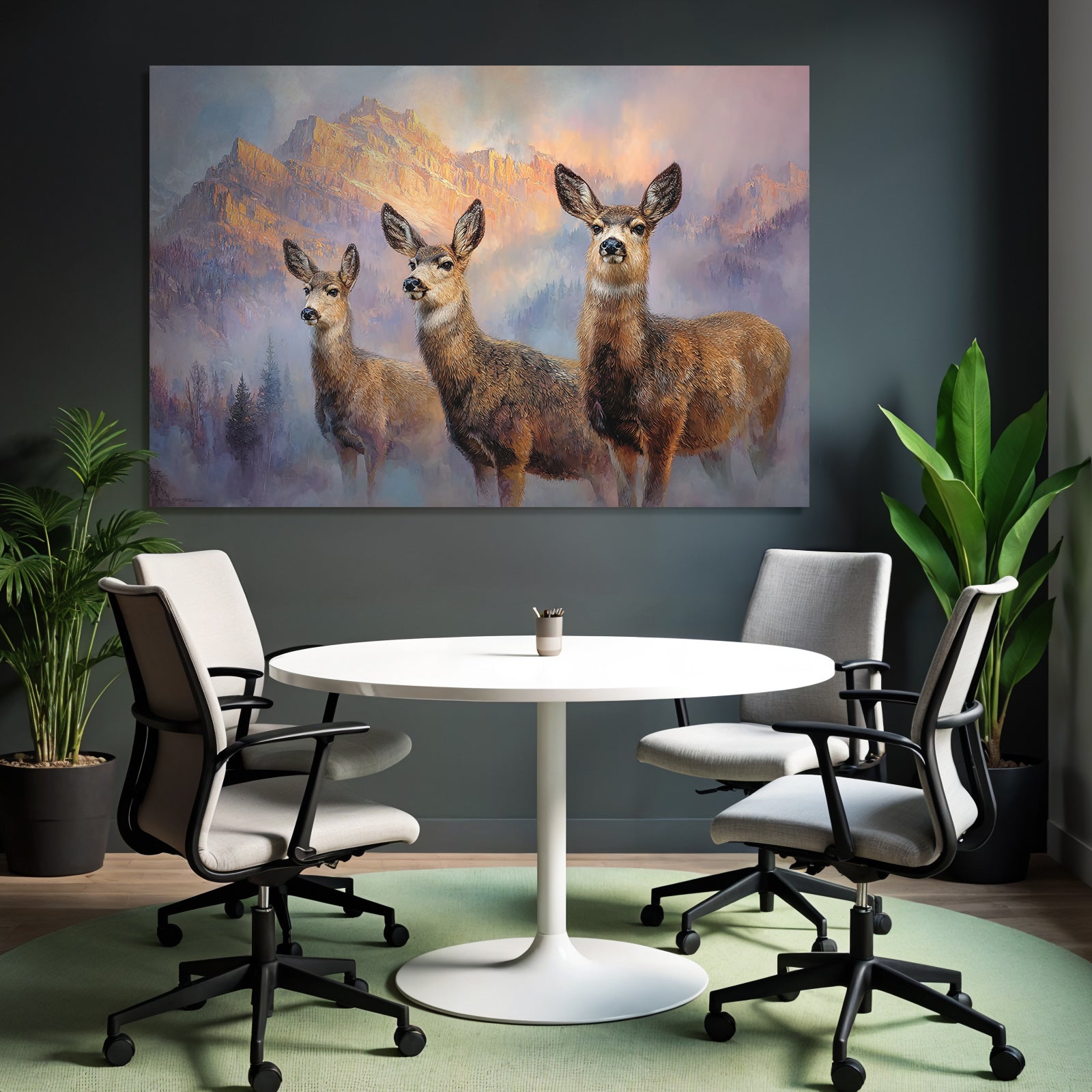 Drei Rehe In Einer Berglandschaft Mit Farbenfrohem Himmel