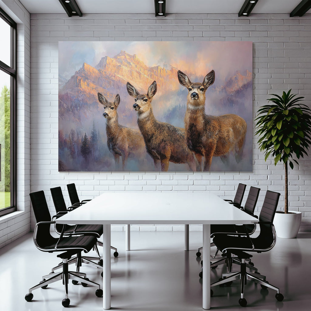 Drei Rehe In Einer Berglandschaft Mit Farbenfrohem Himmel